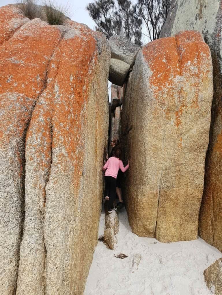 Family Fun At The Bay Of Fires, Leonie Waldron, rocks, kids, lichen, sand