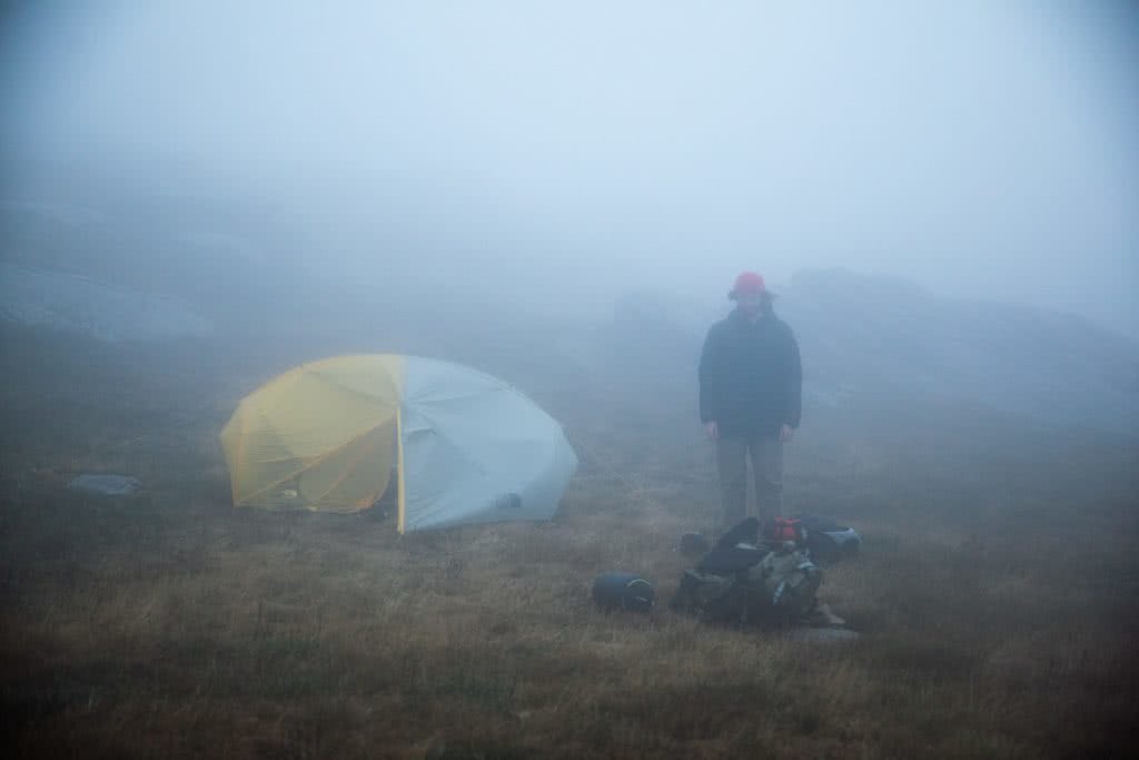 Almost Alone In The Aussie Alps, Aedan O'Donnell, Charlotte's Pass, fog, mist, tent, mountains, man