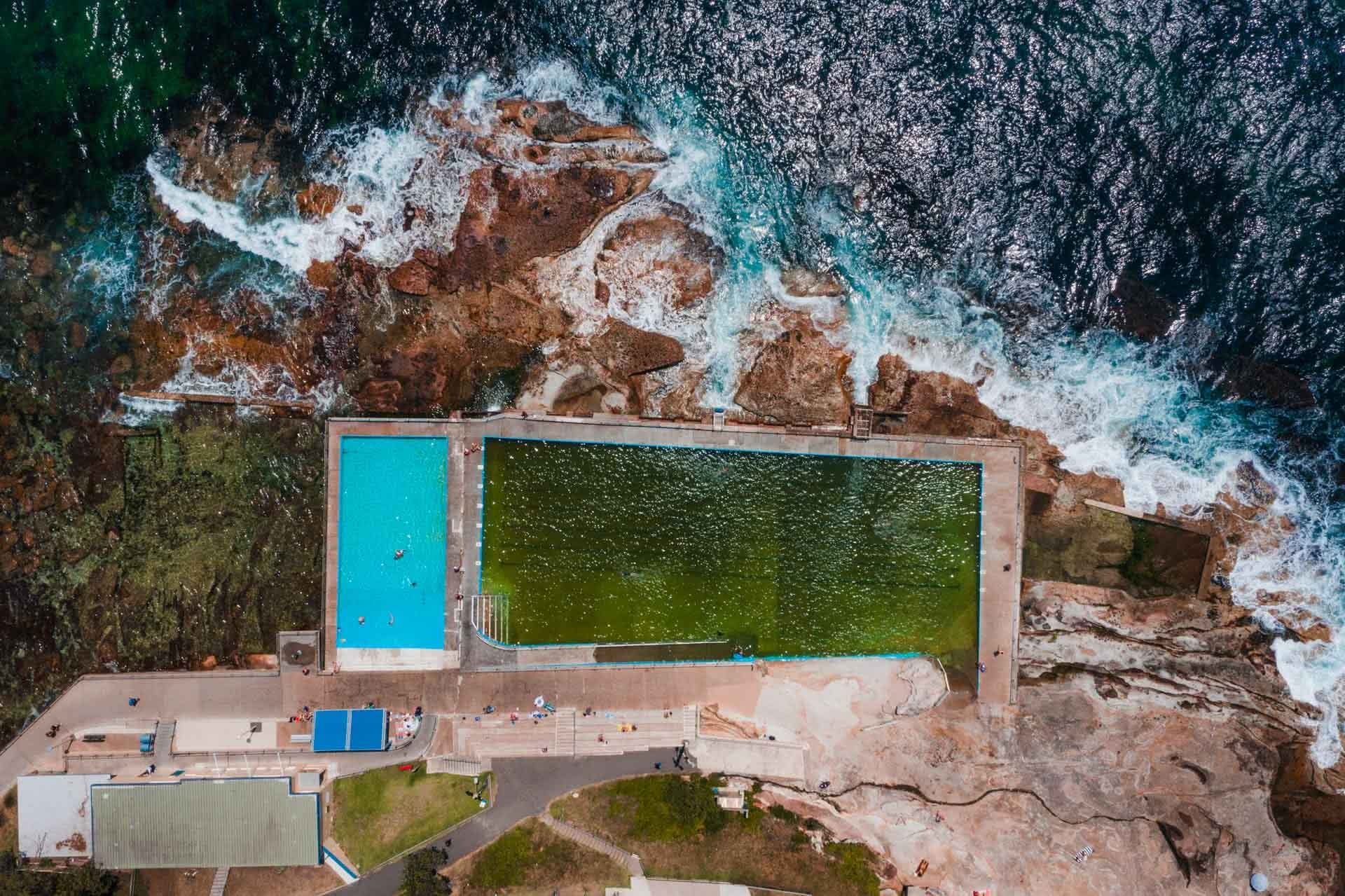 Here's All The Ocean Pools In Sydney's Northern Beaches, Jonathan Tan,Isa Wye Rock Pool, overhead shot, pool, ocean, rocks, waves, beach, sand