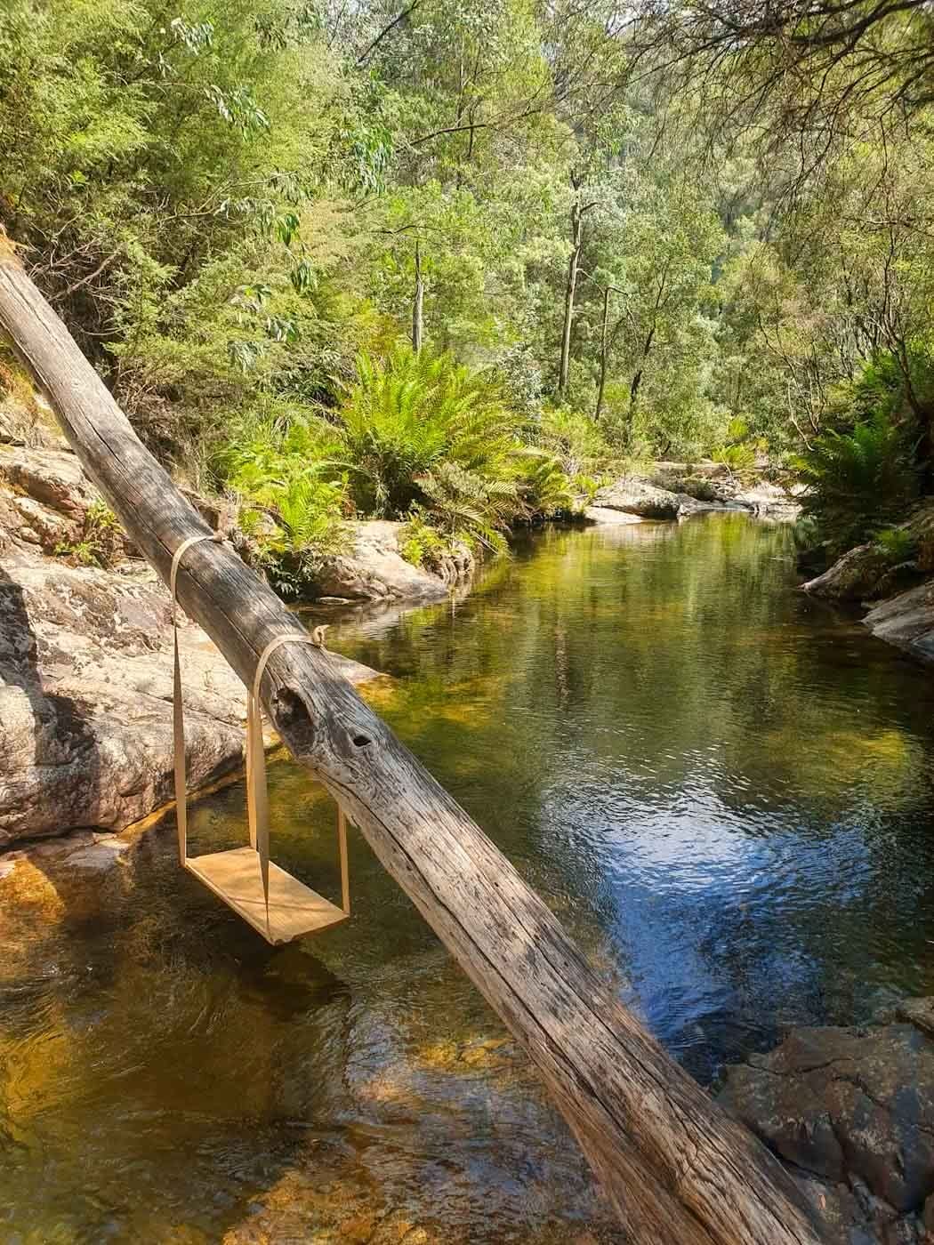 Cooling Down in Rollasons Falls // Mount Buffalo NP (VIC), Angela (), swing, tree trunk, river, trees, bush, waterfall