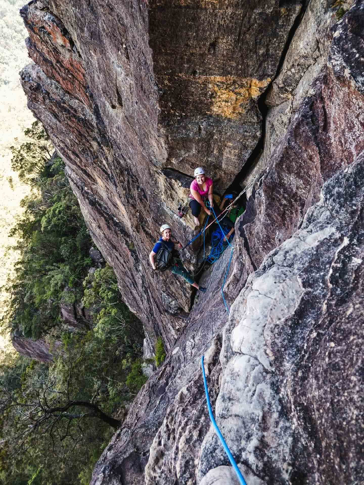 photo by Wendy Bruere, climbing Sweet Dreams, multi pitch, Sublime Point, Blue Mountains, NSW