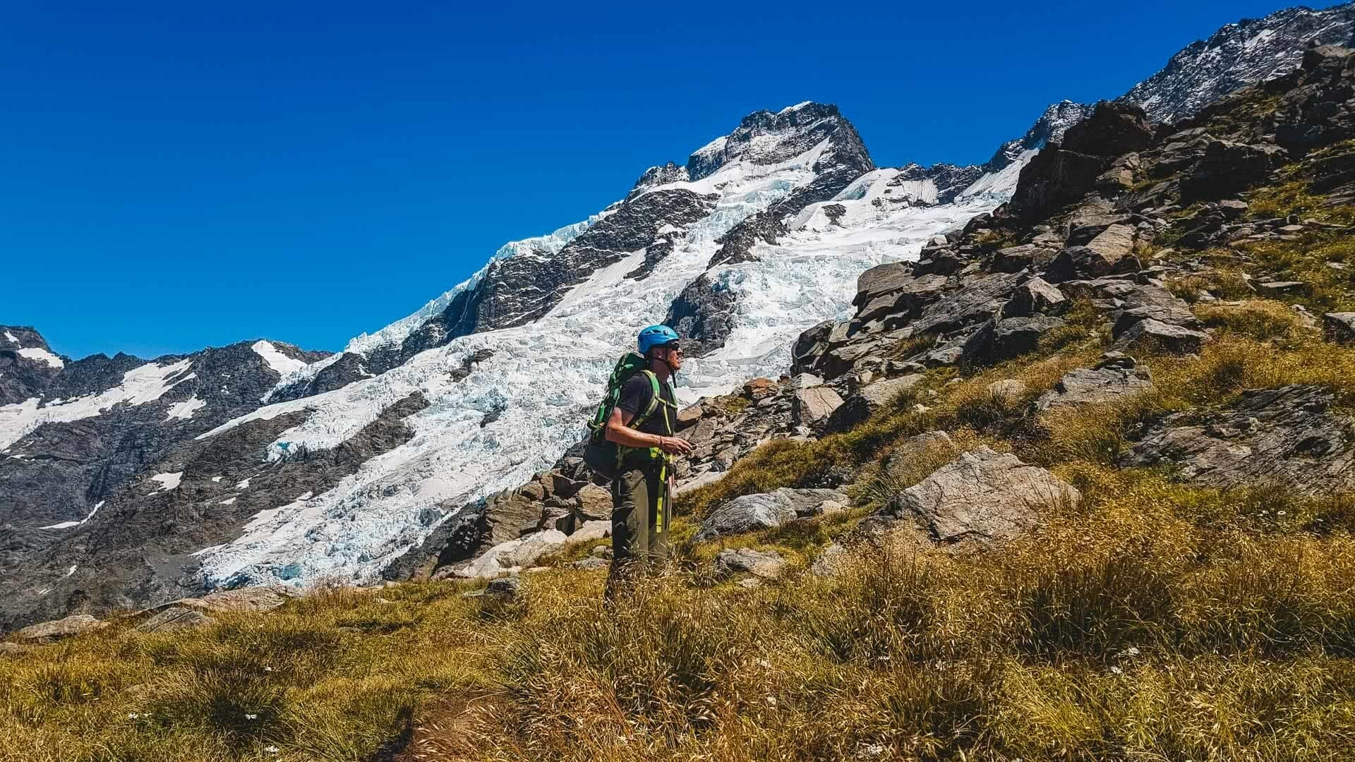 The Sefton Bivvy Route is Far Above the Aoraki Crowds (NZ), Nick Baulch, Mt Cook, mountain, man, hike, snow