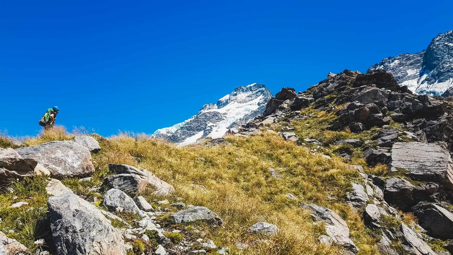 The Sefton Bivvy Route is Far Above the Aoraki Crowds (NZ), Nick Baulch, Mt Cook, man, hike, snow, mountain