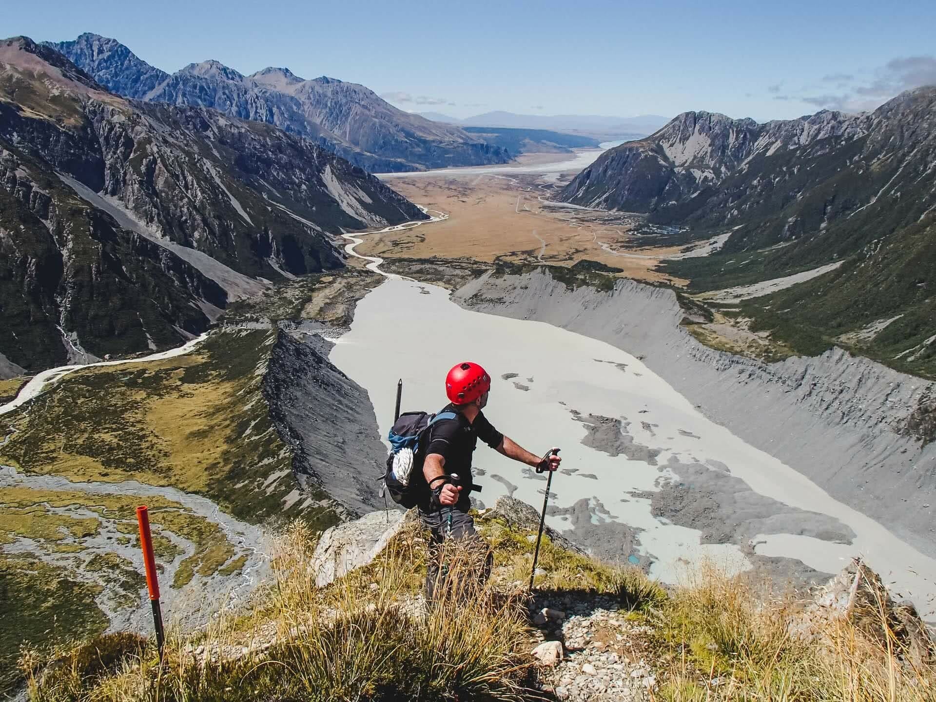 The Sefton Bivvy Route is Far Above the Aoraki Crowds (NZ), Nick Baulch, Mt Cook, man, hike, view, mountains, valleys, river, mountaineering,