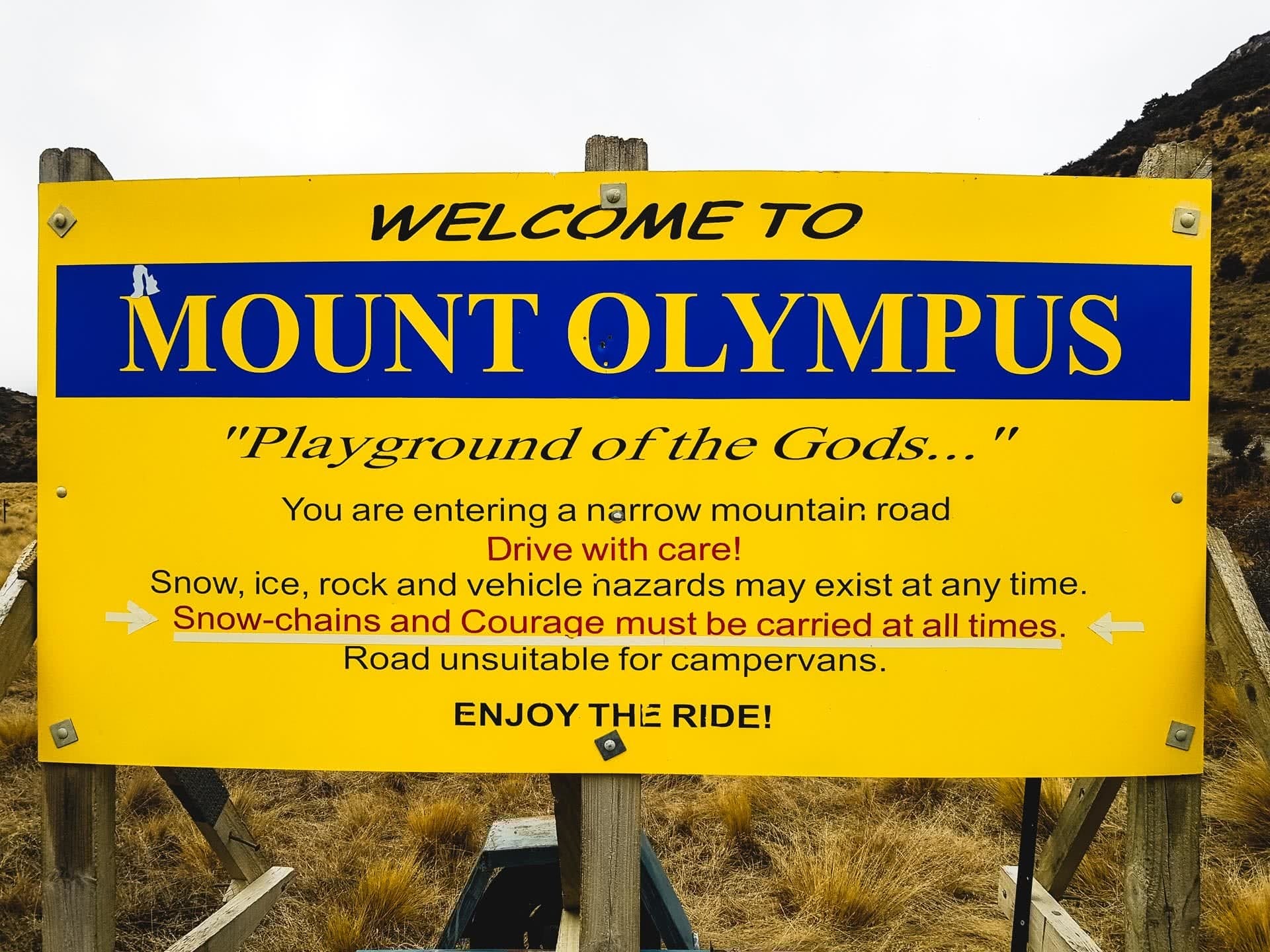 30 Snow-chains _ Courage should be carried at all times. Road sign en route to Mount Olympus, 24 Incredible Ski Fields & Resorts in New Zealand, Huw Kingston, New Zealand