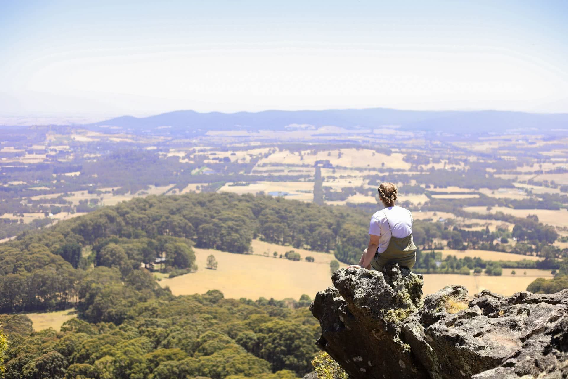 The Macedon Ranges are a Family Friendly Playground, Mattie Gould, Camels Hump, farmland, landscape, bushland, woman, summit