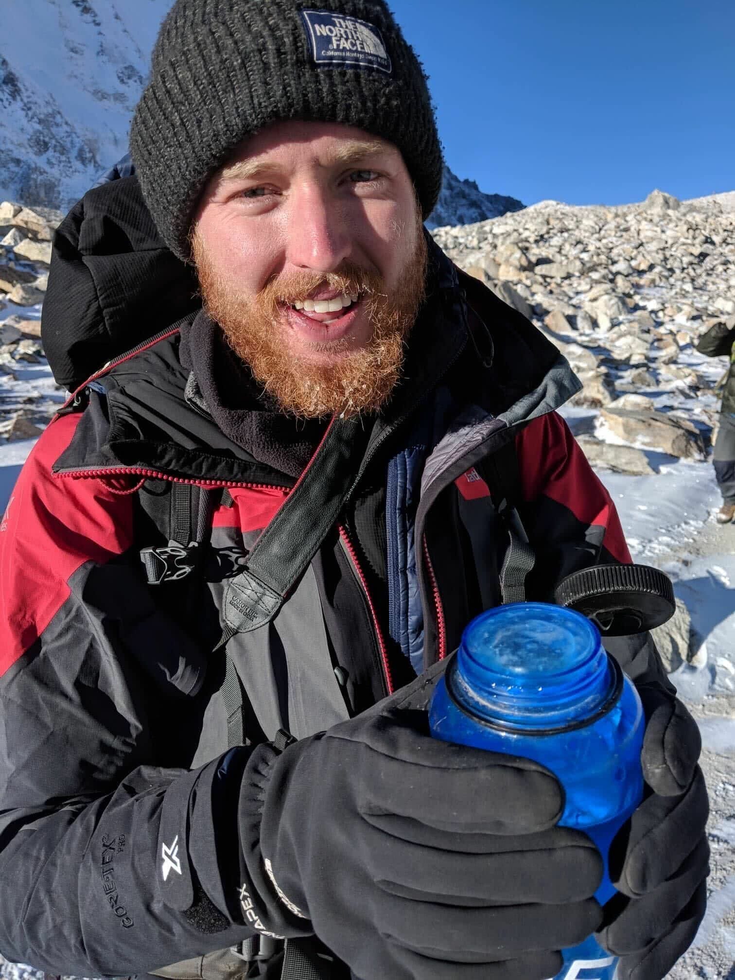 Tim with his frozen Nalgene water bottle