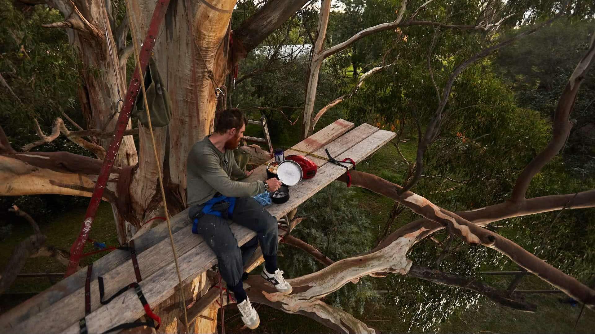 Podcast Episode 8: Beau Miles on Sleeping Up a Gum Tree in His Own Backyard, Pat Corden, We Are Explorers Podcast, tree, dinner, camping, climbing