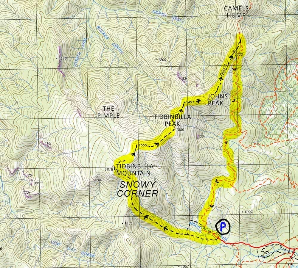 Route Guide, Peak Hopping Across Tidbinbilla Mountain, oliver Lilford, canberra, ACT, map