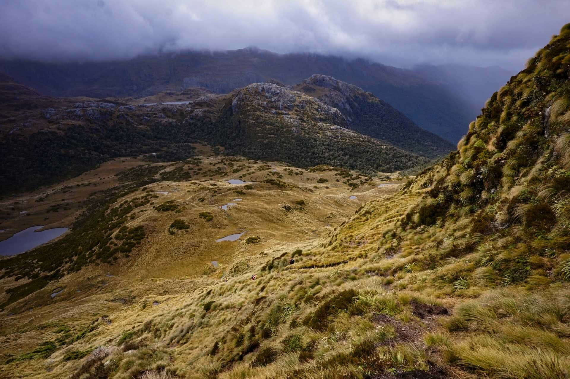 View back down to Lake Roe Hut, dusky track, new zealand's hardest hike, winsome whyte, fiordland, south island, new zealand