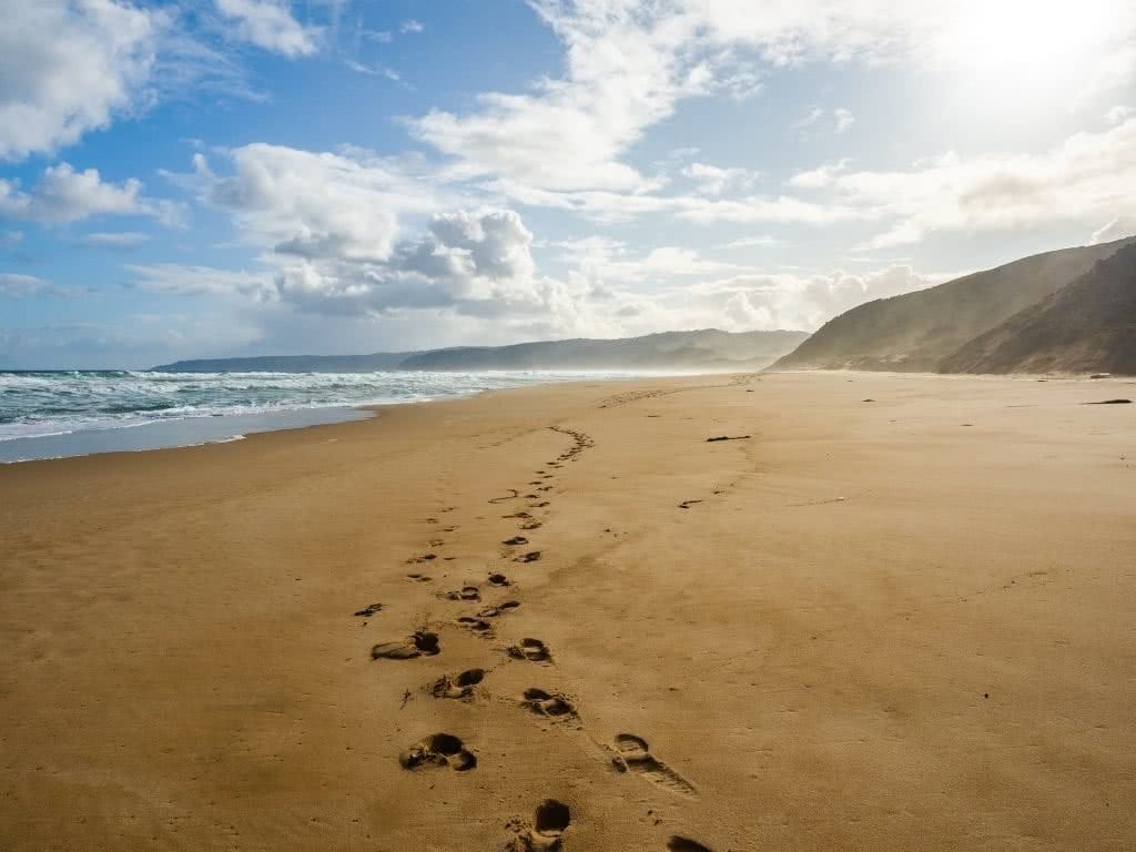 Great Ocean Walk – 5 Days on Victoria's Iconic Coastline, Brooke Brisbine, Johanna Beach, footprints, ocean, sand
