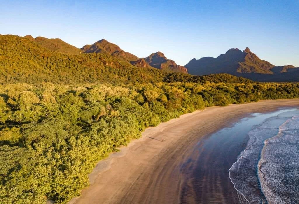 The Thorsborne Trails Offers 4 Days of Tropical Island Trekking, Andrew Boyle, Hinchinbrook Island, Zoe Bay, mountains, beach, ocean, drone shot, rainforest