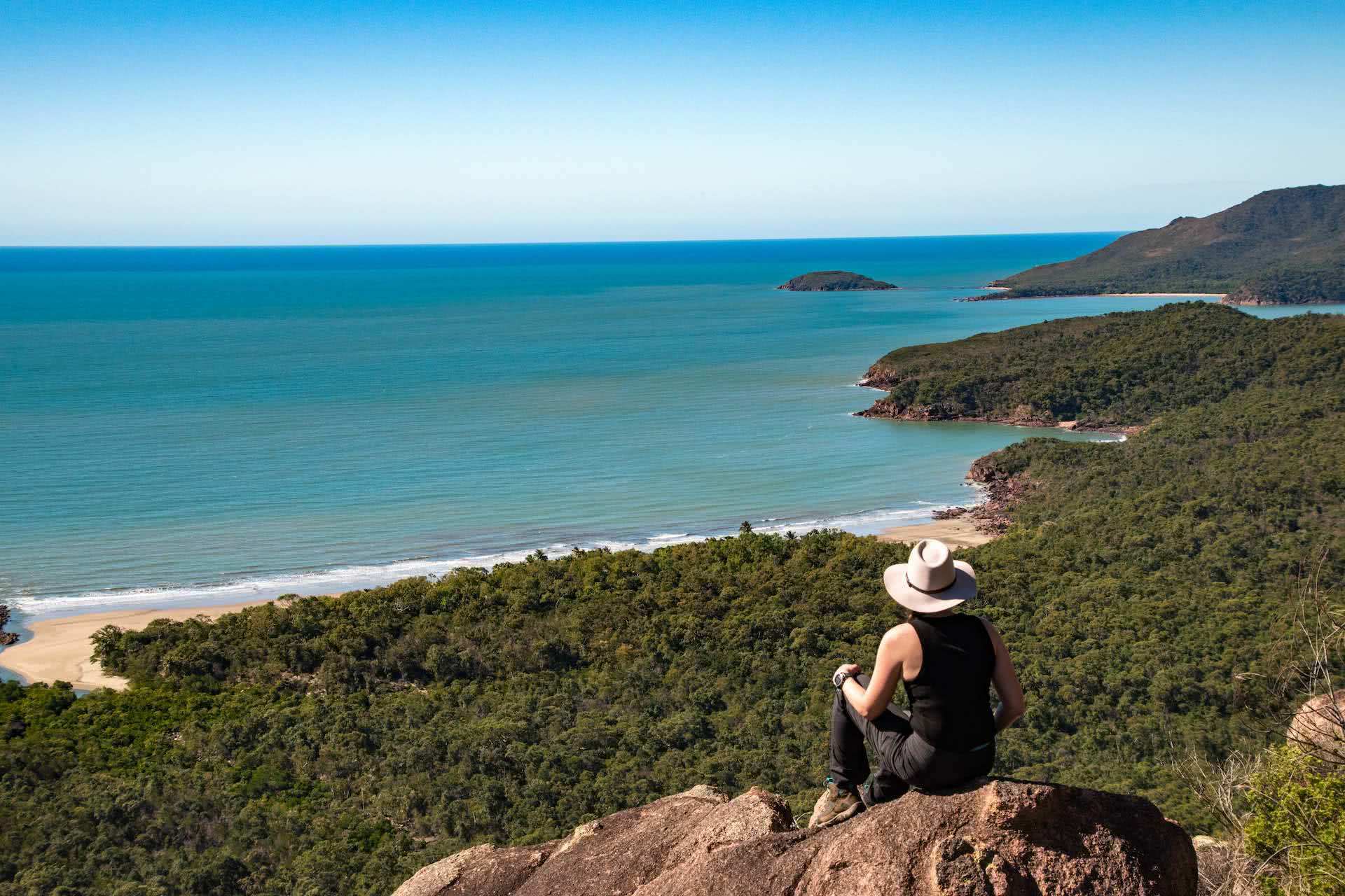 The Thorsborne Trails Offers 4 Days of Tropical Island Trekking, Andrew Boyle, Hinchinbrook Island, Nina Peak, ocean, forests, beach, woman, lookout
