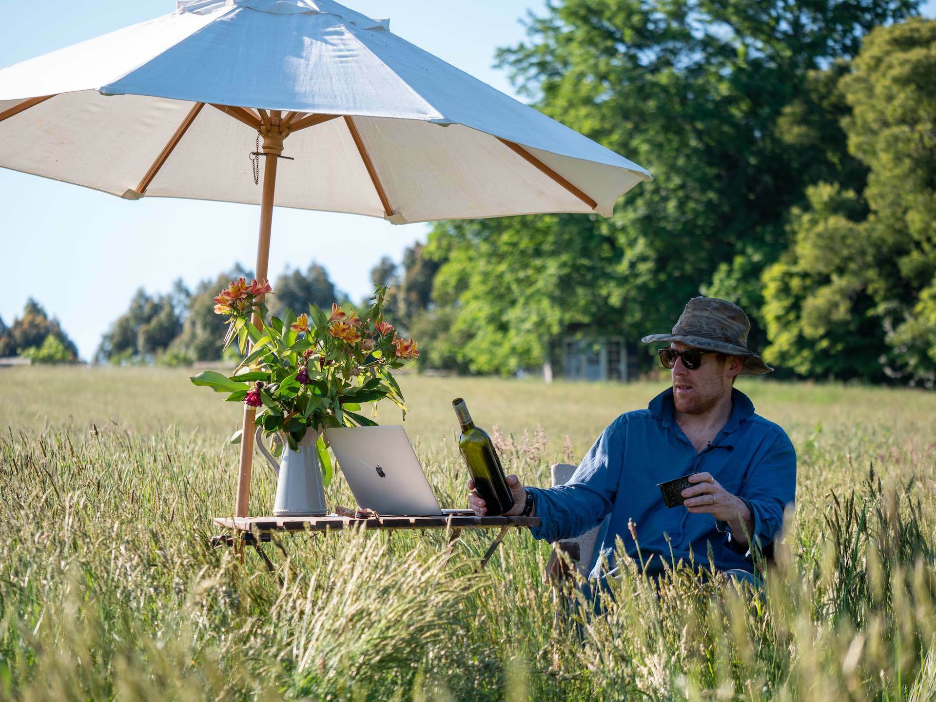 junk wine, photo by mitch drummond of Beau Miles in his field, with cab sav