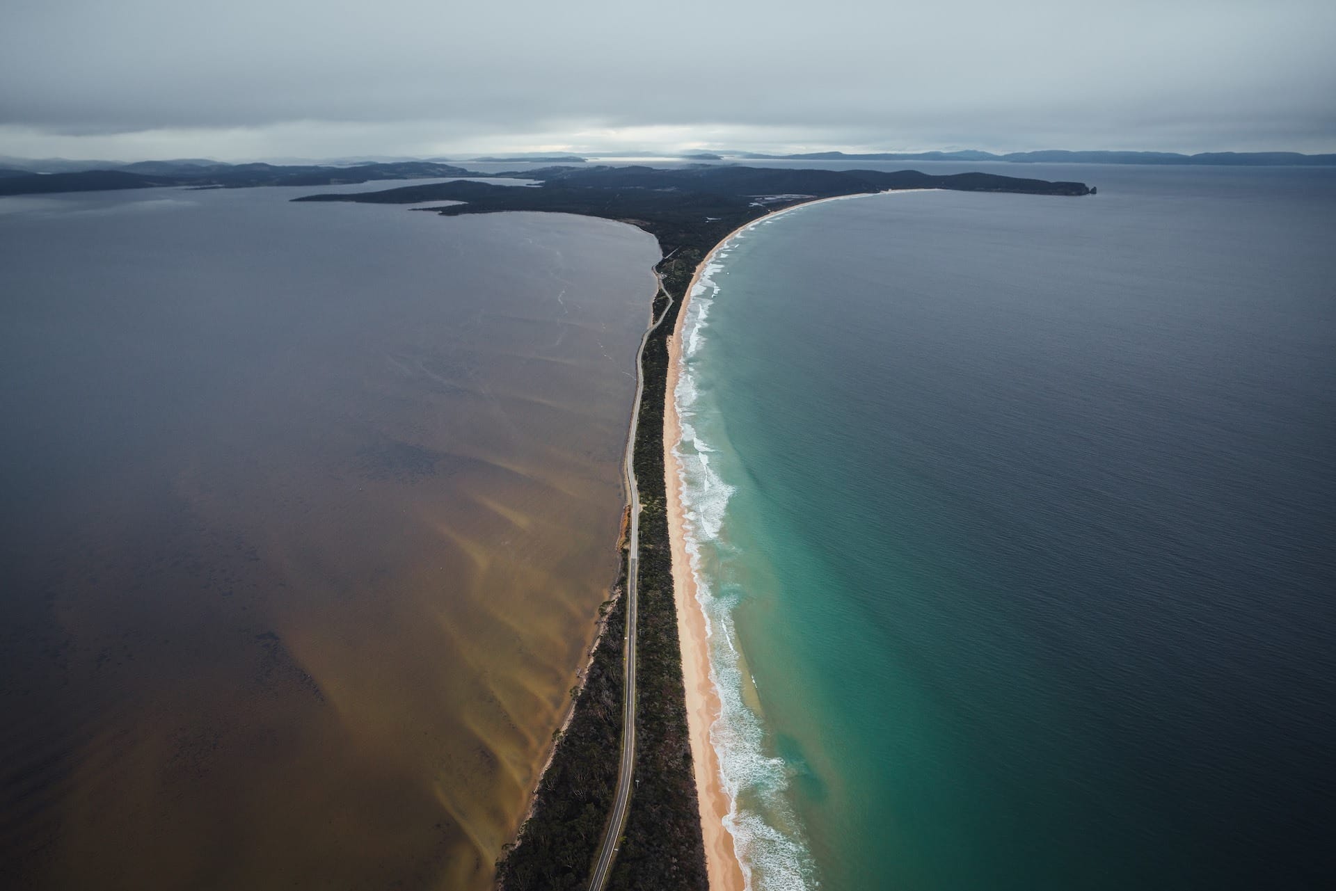 Best 6 Tasmania Road Trips, Photo by Jason Charles Hill, drone shot, Bruny Island, The Neck, ocean, beach