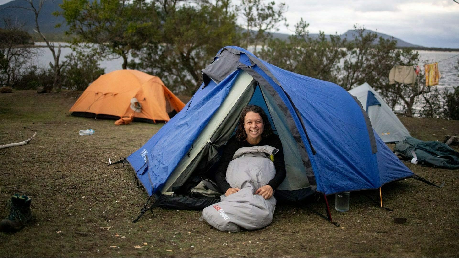 Blackwolf Pro Series Women’s Sleeping Bag Minus 5 – Gear Review, photo by Jacob Boylan, Bee, smile, happy, camping, tent, Tassie