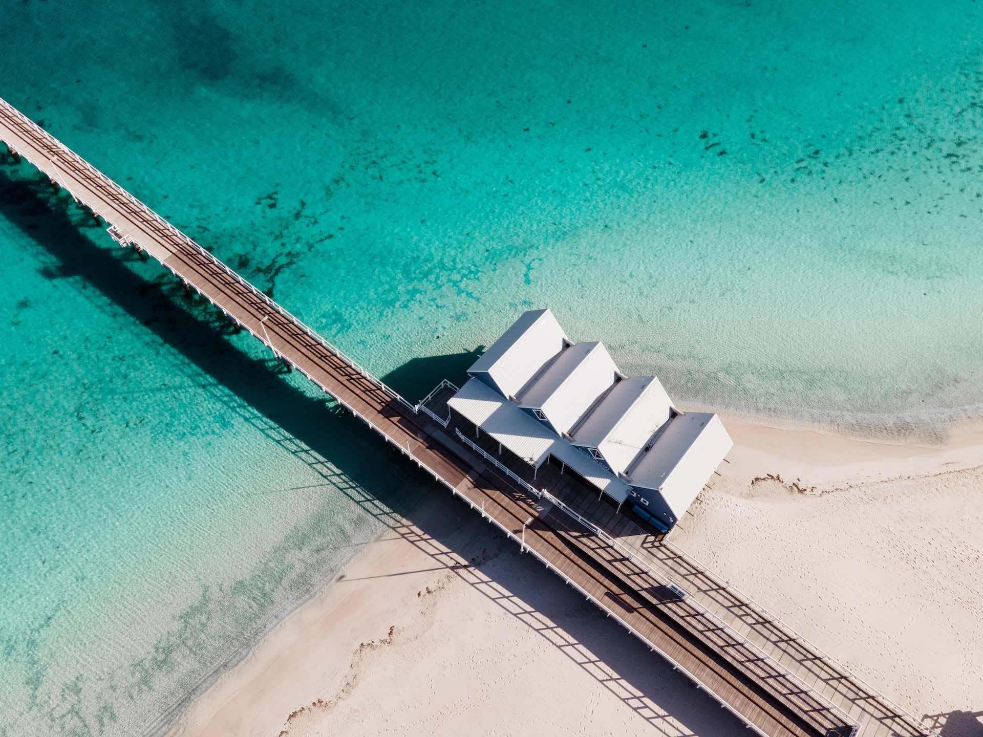 Road Tripping WA's South-West Corner, Michael Heritage, Busselton Jetty, drone shot, beach