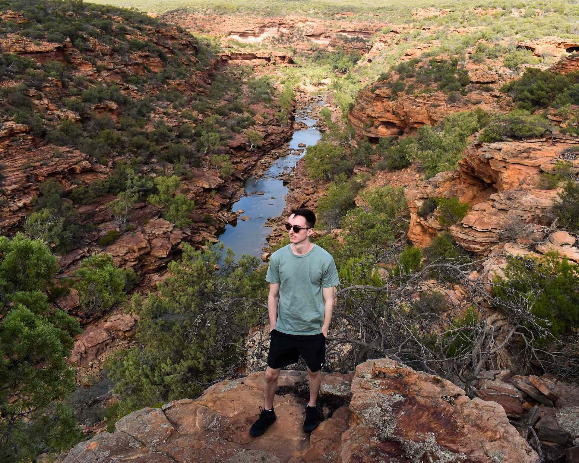 Road Tripping WA’s Coral Coast From Desert to Reef, Jordan Clayden-Lewis, Z Bend lookout, man, gorge
