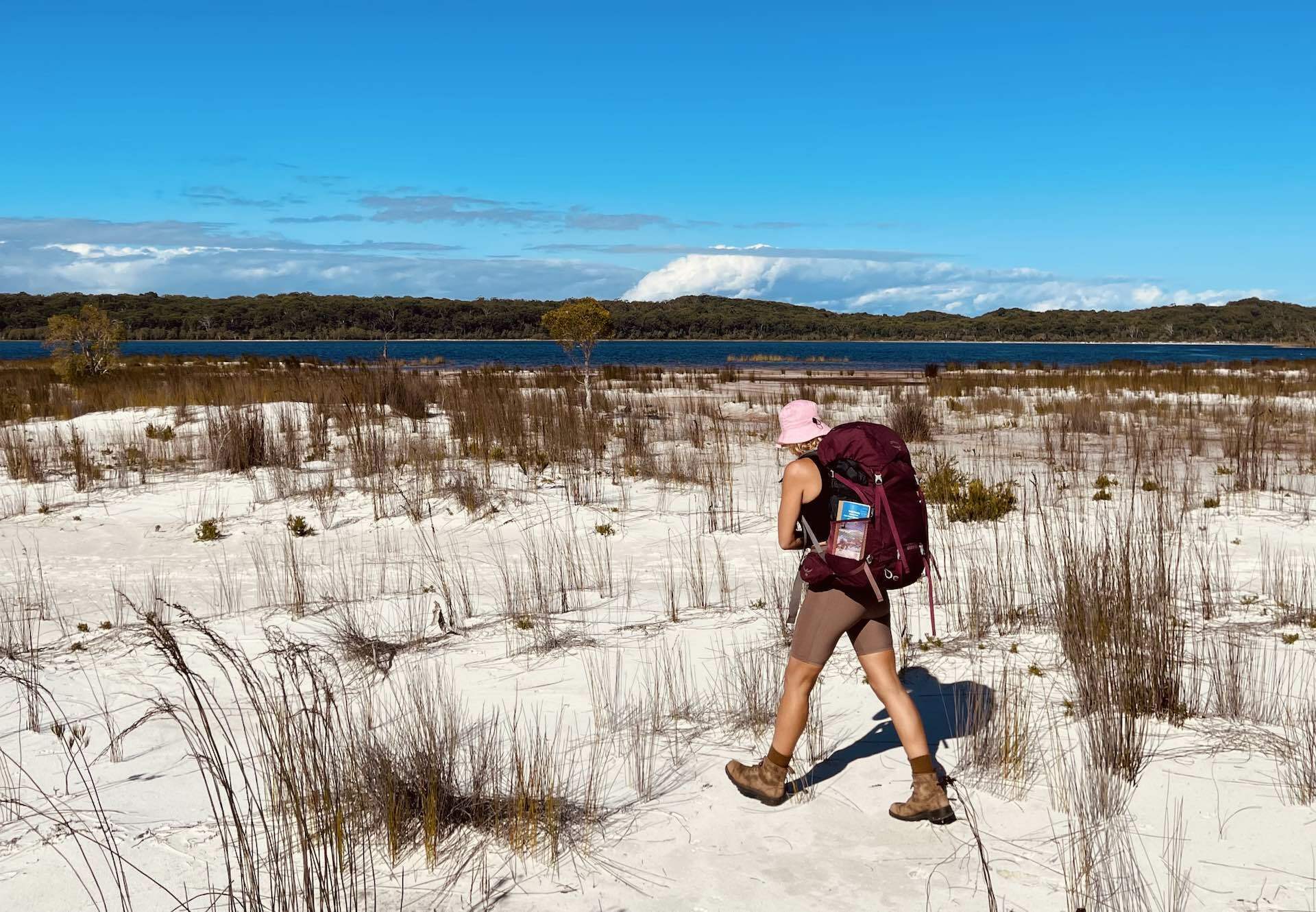 3 Days on The Great Southern Lakes Hike of K'gari / Fraser Island, Louise Klatte, woman, hike, white sand, Lake Boomanjin