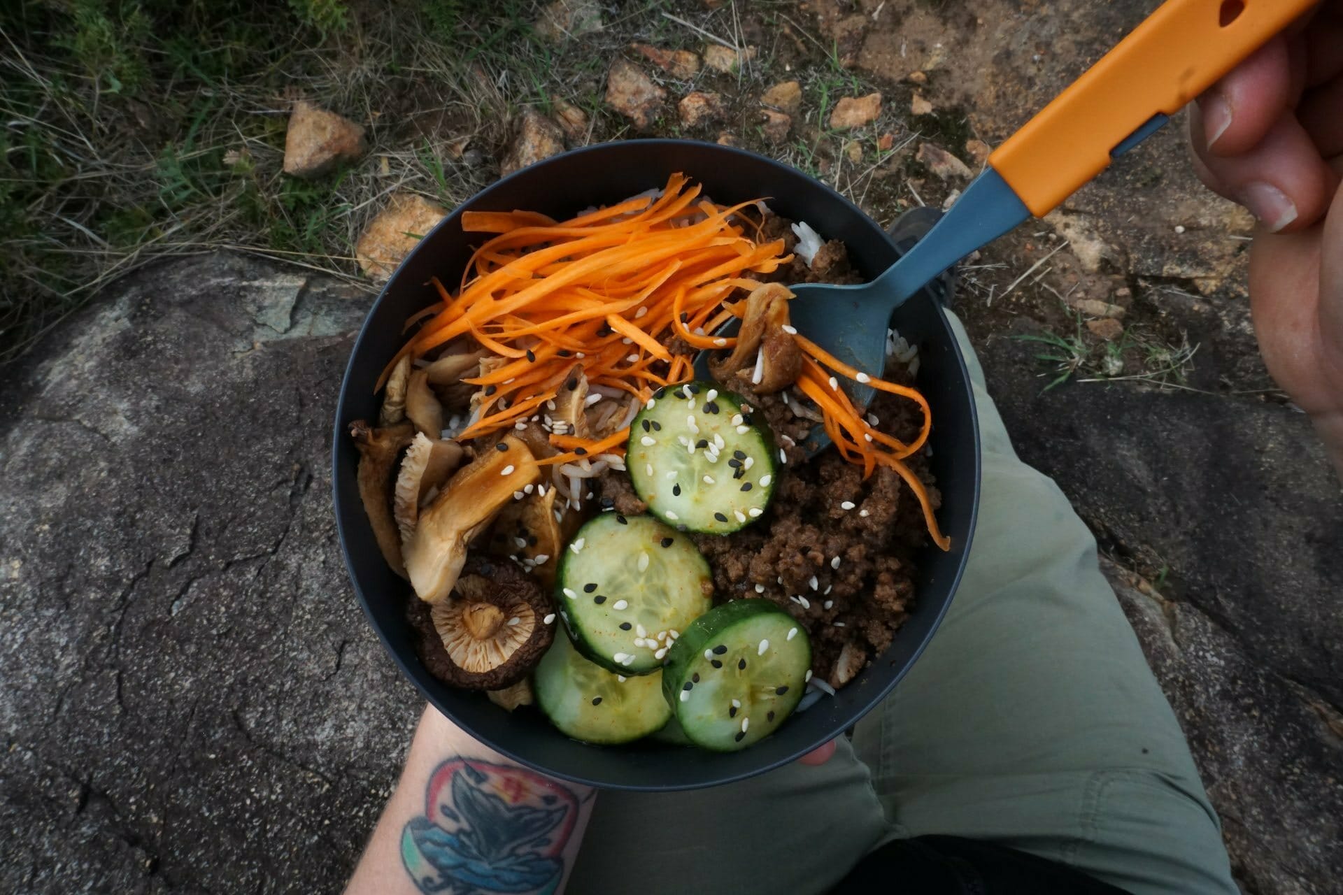 How To Make a Bibimbap Rice Bowl on Your Next Camping Trip, Vanessa Hidayat, cooking, food, eat