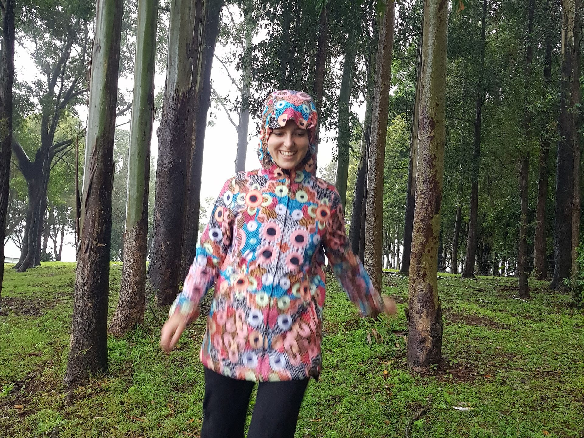 Team Timbuktu Banksia Forest Elements Waterproof Jacket – Gear Review_Sian Brain, rain jacket, indigenous artwork, sunshine, raincoat, waterproof, art, pattern, colourful gear, hiking, walking, raining,rain