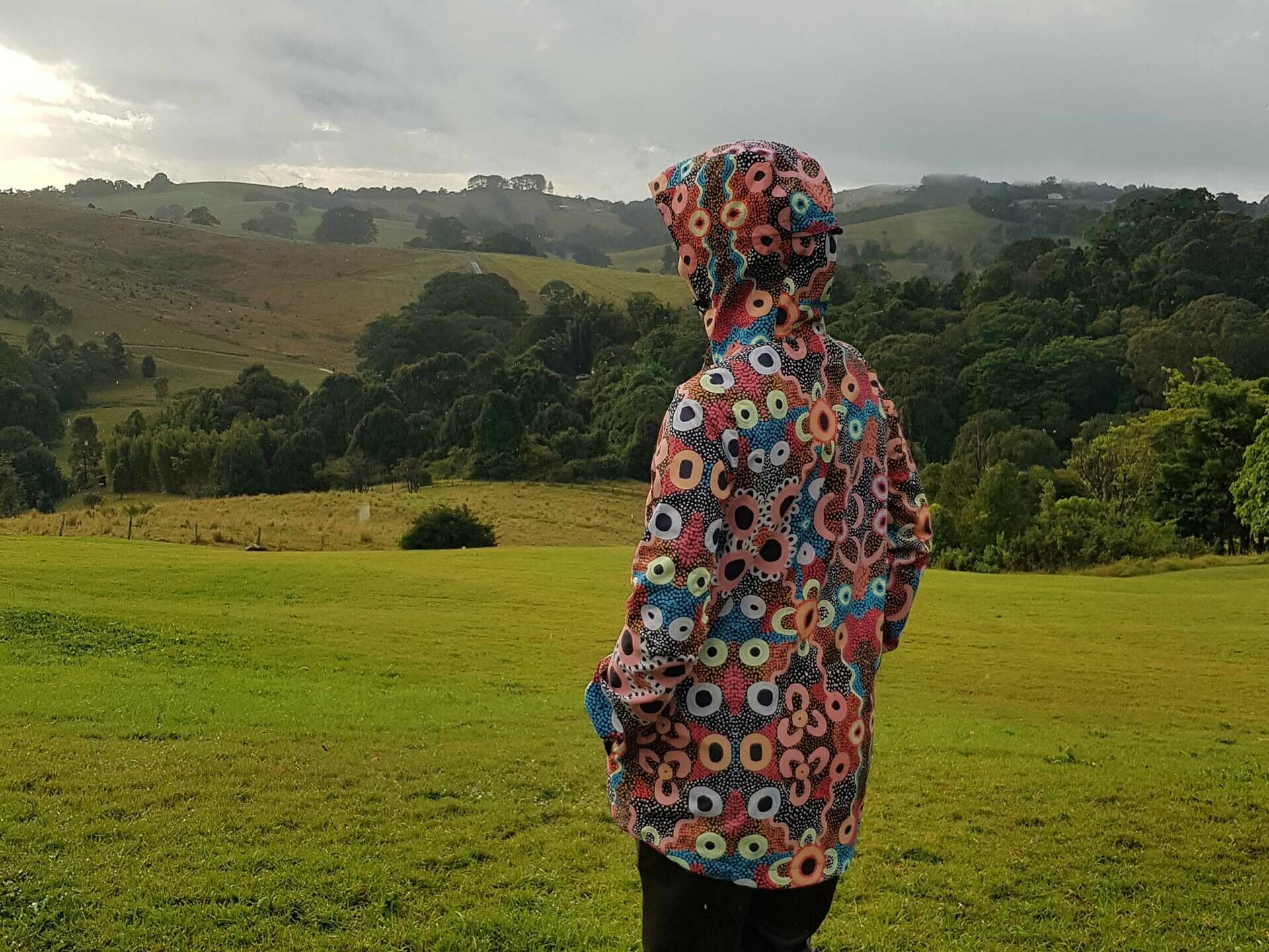 Team Timbuktu Banksia Forest Elements Waterproof Jacket – Gear Review_Sian Brain, rain jacket, indigenous artwork, sunshine, raincoat, waterproof, art, pattern, colourful gear, hiking, walking, raining,rain