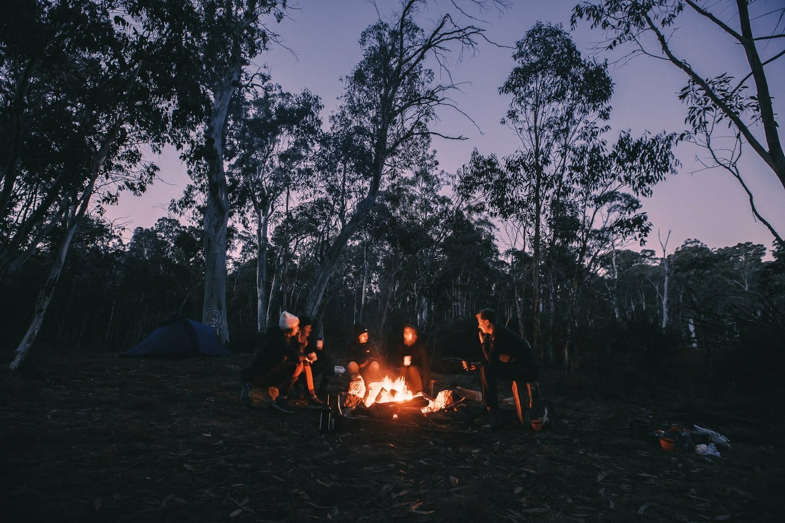 Mt Cobbler Summit Makes For a Stunning Sunrise And Overnight Hike, photo by Henry Brydon, Lake Cobbler, campfire, friends, dusk, sunset, Wangaratta, Victoria