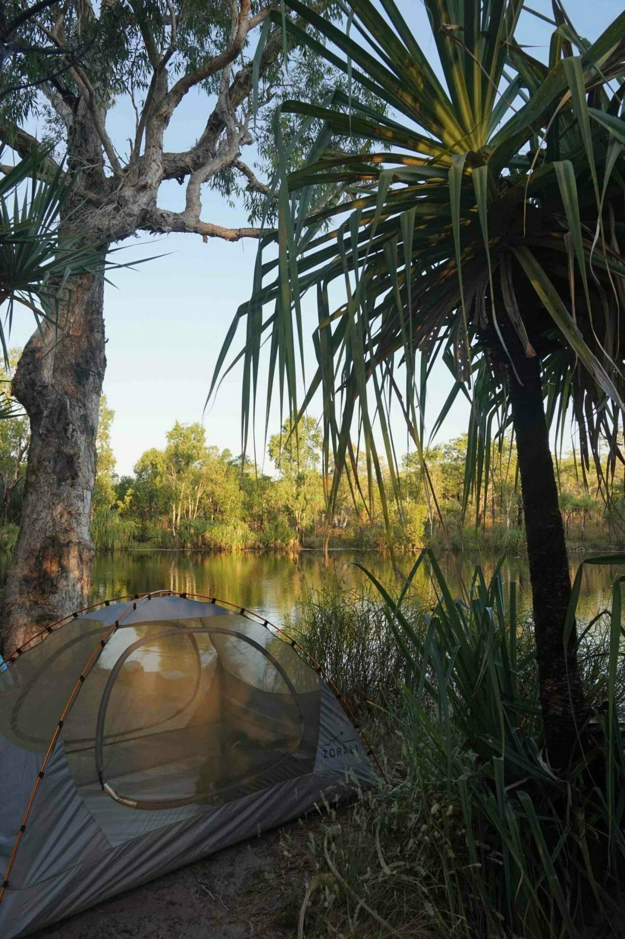 Why The Jatbula Trail is Perfect For Your First Multi-Day Hike, Amy Fairall, Sandy Pool, Nitmiluk National Park, tent, palms, lake, swimming hole