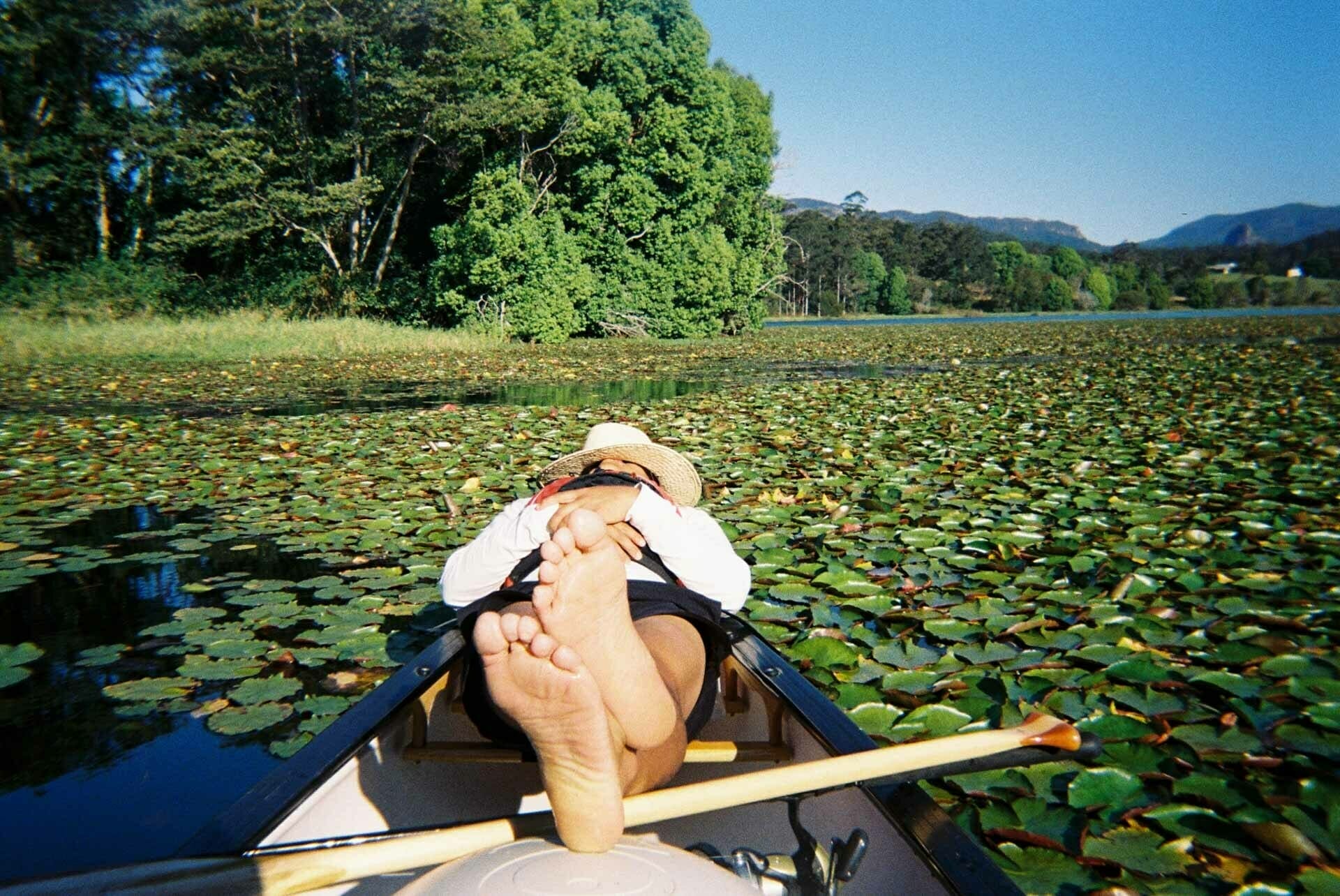 Paddling, Pedalling and Pounding Trail in a Race Against Sunset, stone and wood adventure, film photos, clarrie hall dam, northern rivers, nsw, canoe, lilies