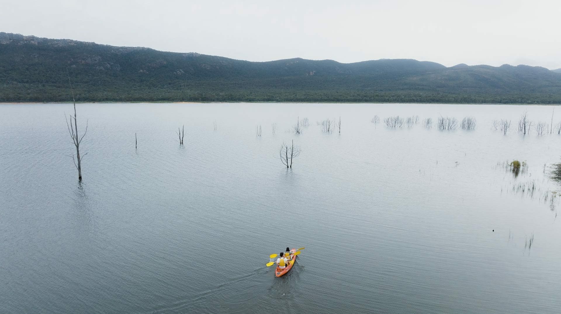 The Ultimate Explorer’s Guide to The Grampians, Ben Savage, Grampians, Visit Victoria, Sponsored, kayak, lake, mountain, aerial photo