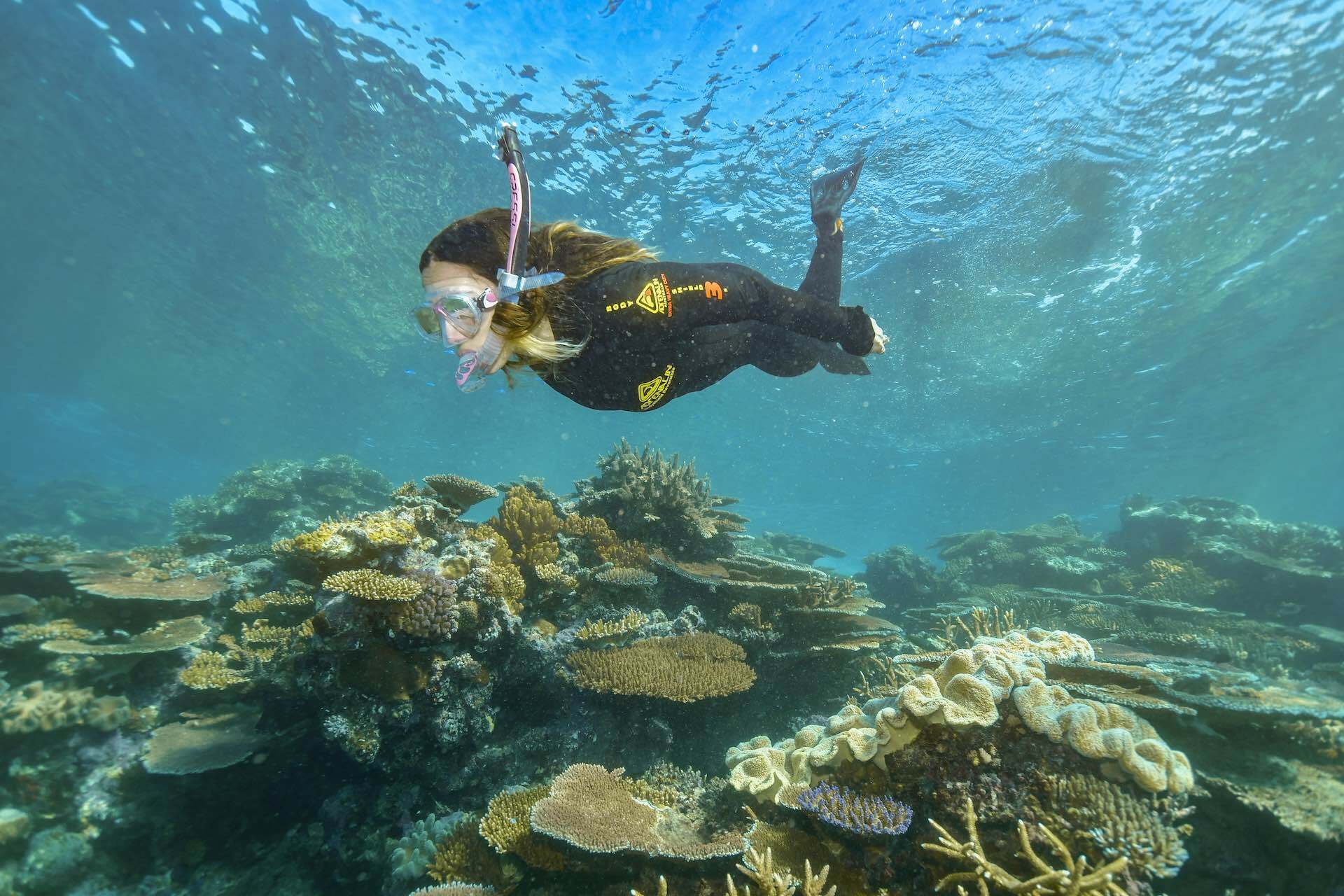 Scuba Diving, Science and Sustainability All in One Day on the Great Barrier Reef, Annie Caughey, Reef Magic, woman, snorkel, coral, reef