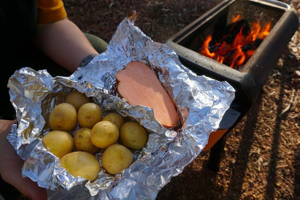 How To Cook The Ultimate Campfire Roast, Photo by Vanessa Hidayat, recipe, camping recipe, camp food, outdoor food, potatoes and sweet potato wrapped in aluminium foil