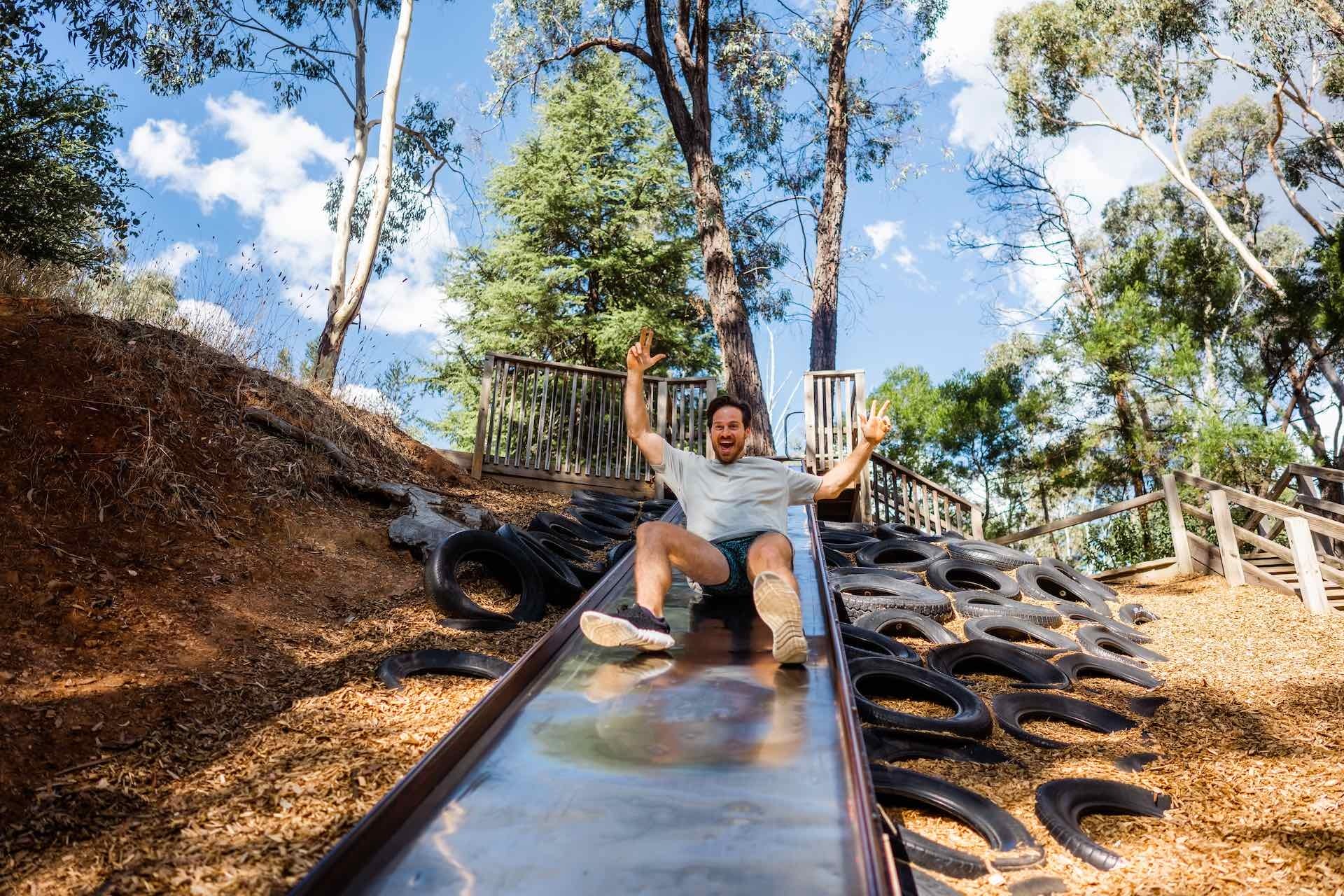 The Bendigo Region is a Gold-Mine of Adventure, Ben Savage, Vaughan Springs, slide, man, happy, weeeeeeee