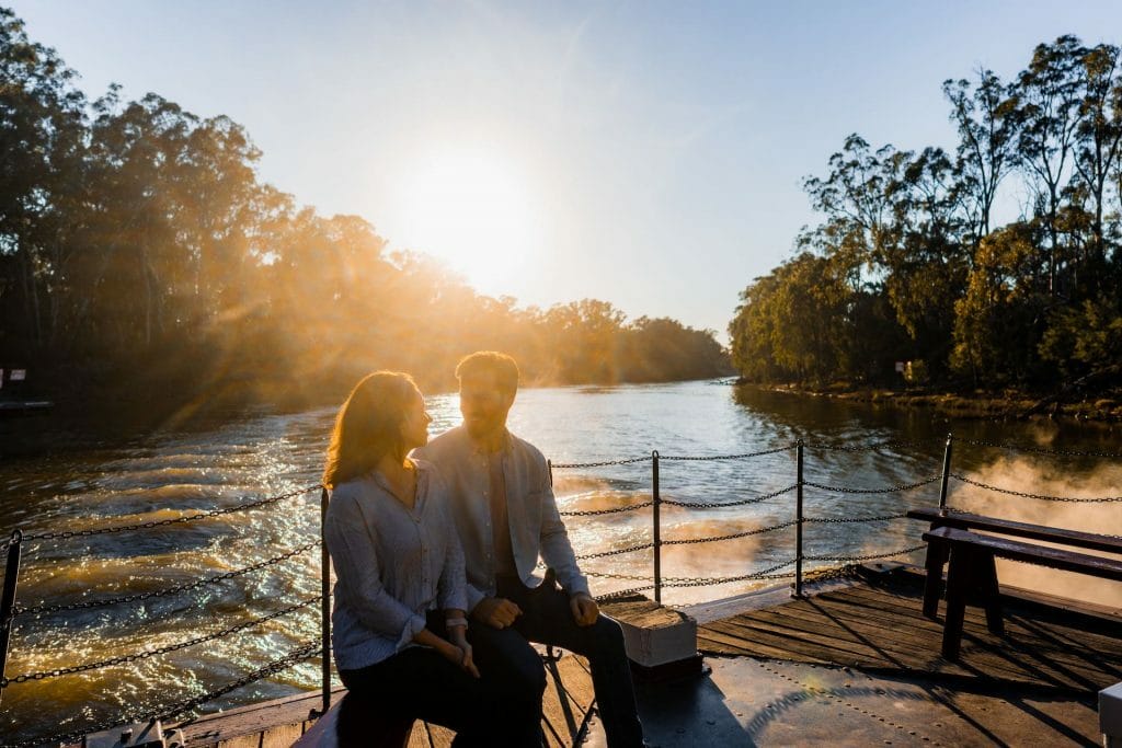 The Murray is Swimming in Riverside Adventures, Ben Savage, river, riverboat, couple, happy, sunlight