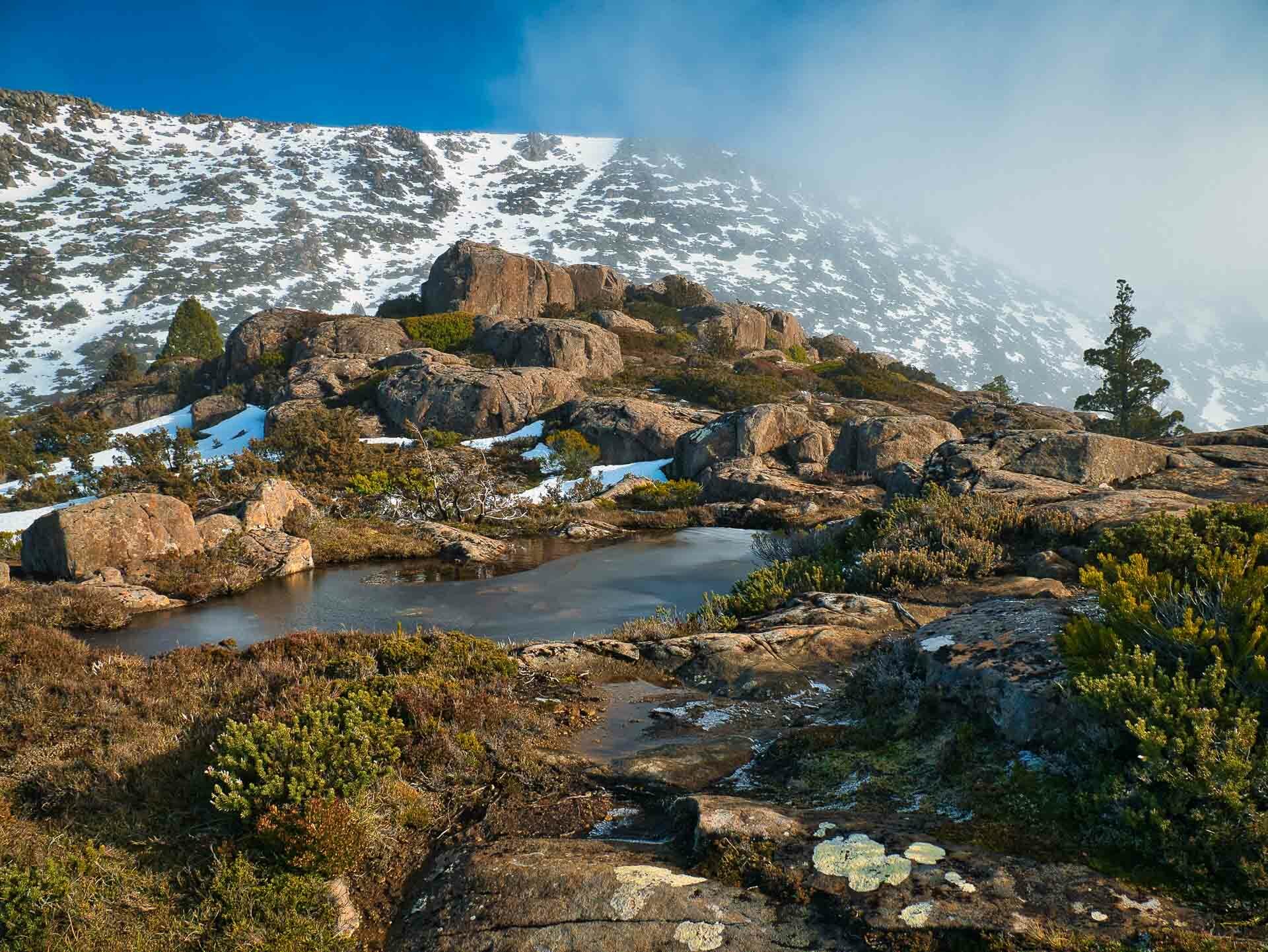 Embracing Snowy Mount Field National Park (And Making it Home For Dinner), Ben Well, tarn shelf, rodway range, tasmania, snow, tarn, lake