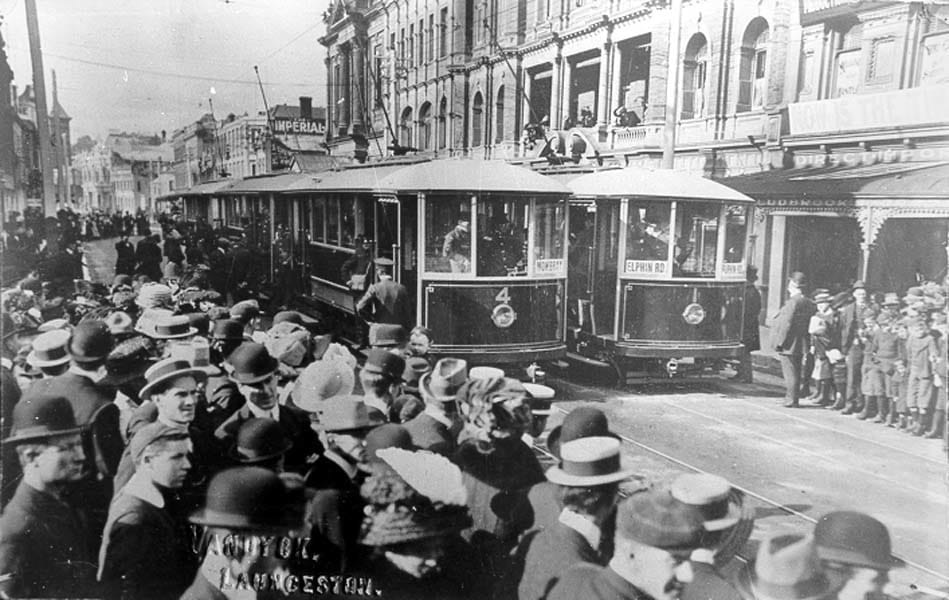 Tracing My Family Tree Through Picturesque Tasmania, Roz Glazebrook, black and white photo, Launceston tram service, crowd