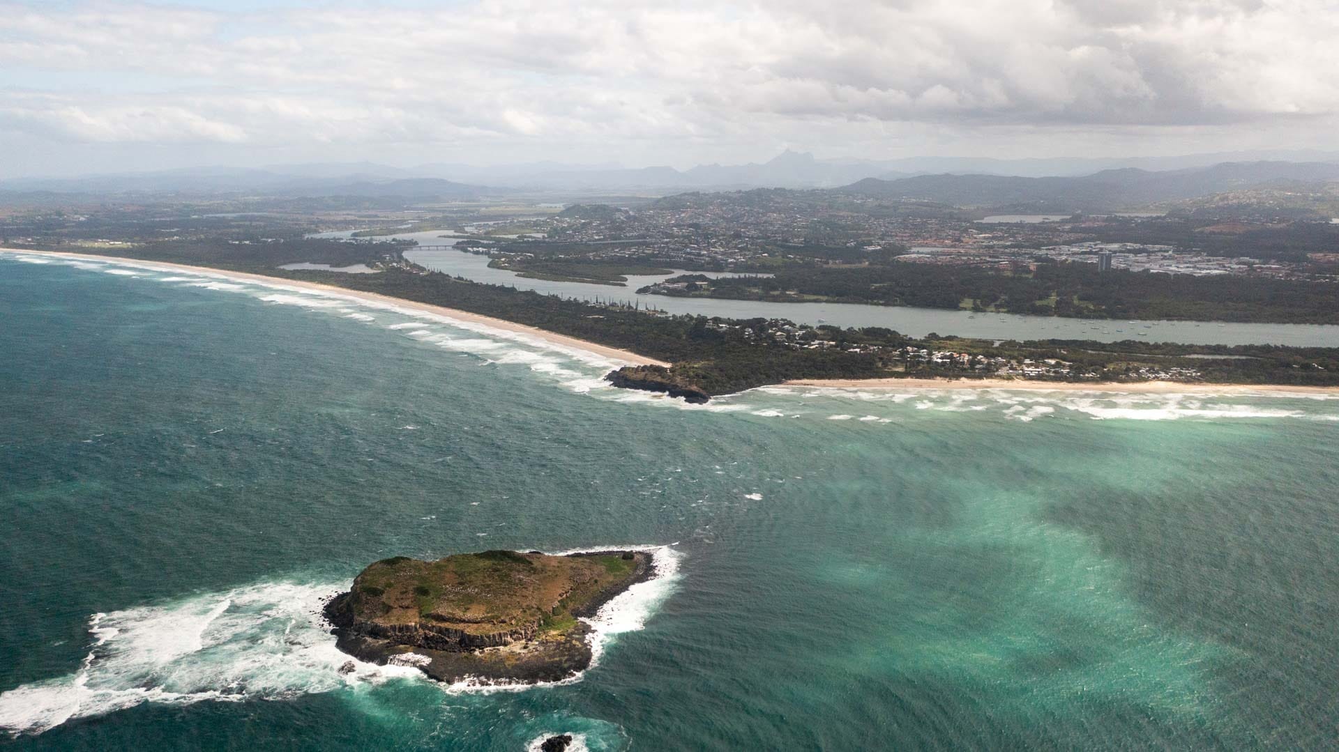 My Backyard: Turtle Swimming and Tipple Tasting on the Tweed,Brooke Nolan, drone shot, island, coastline