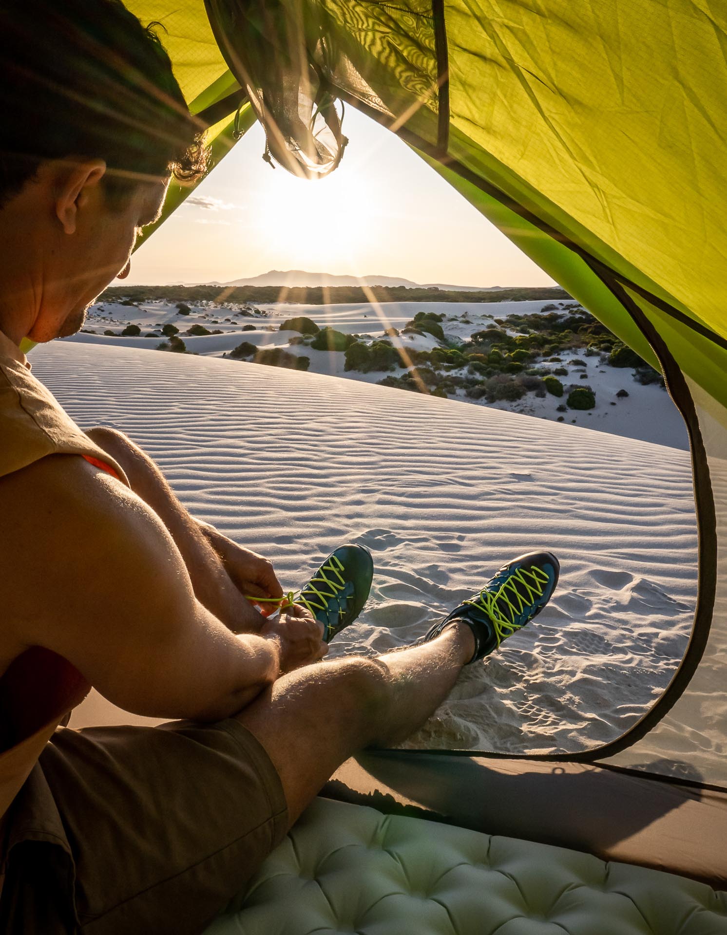 Salewa Denali II, Joel Johnsson, tent, sand dune, sunset, tent door