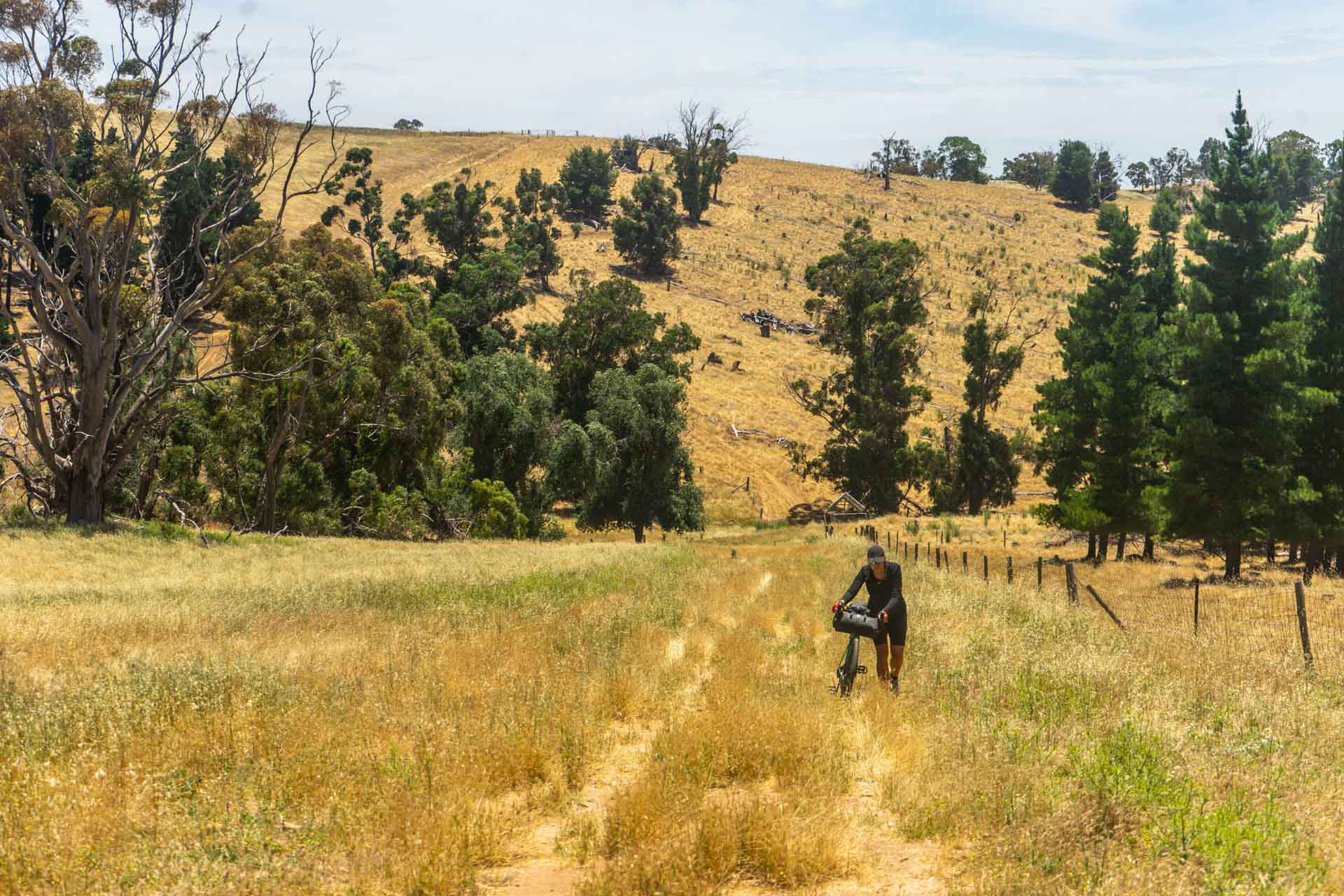 The Mawson Trail – Ride This Iconic Route From Adelaide to the Flinders Ranges, Lachie Thomas, walking bike through paddock, south australia