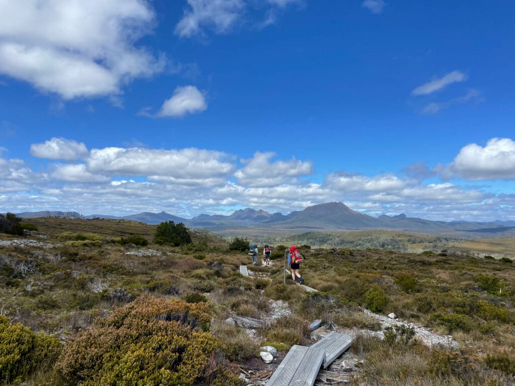 The Overland Track: A Guide to Tasmania’s Famously Beautiful Mountain Hike, Bree Furlong, alpine heathland scrub, hikers on boardwalk