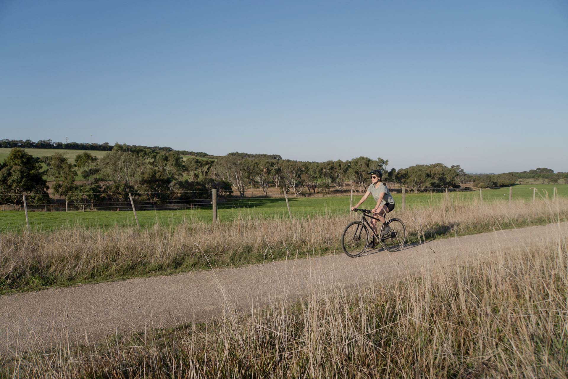 Bellarine Rail Trail – Explore Victoria’s Farmland and Coast on This 35km Cycling Track, Alyson Lamb, person riding a bike through farmland in victoria