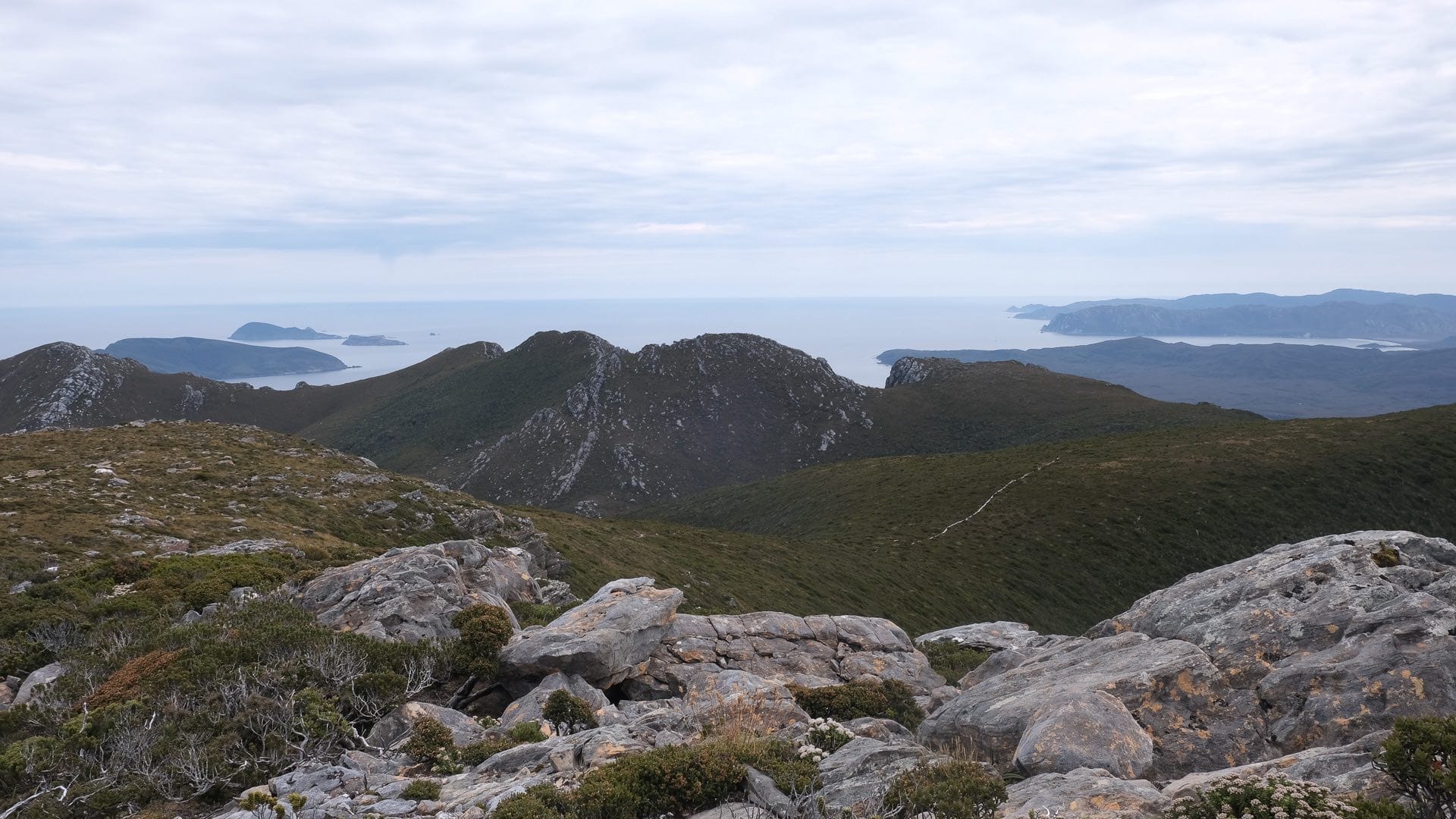 South Coast Track – 5 Days Hiking in Tassie’s Remote Southwest National Park, Alissa Ward, Tasmania, ocean and mountains, view from cliff, overcast