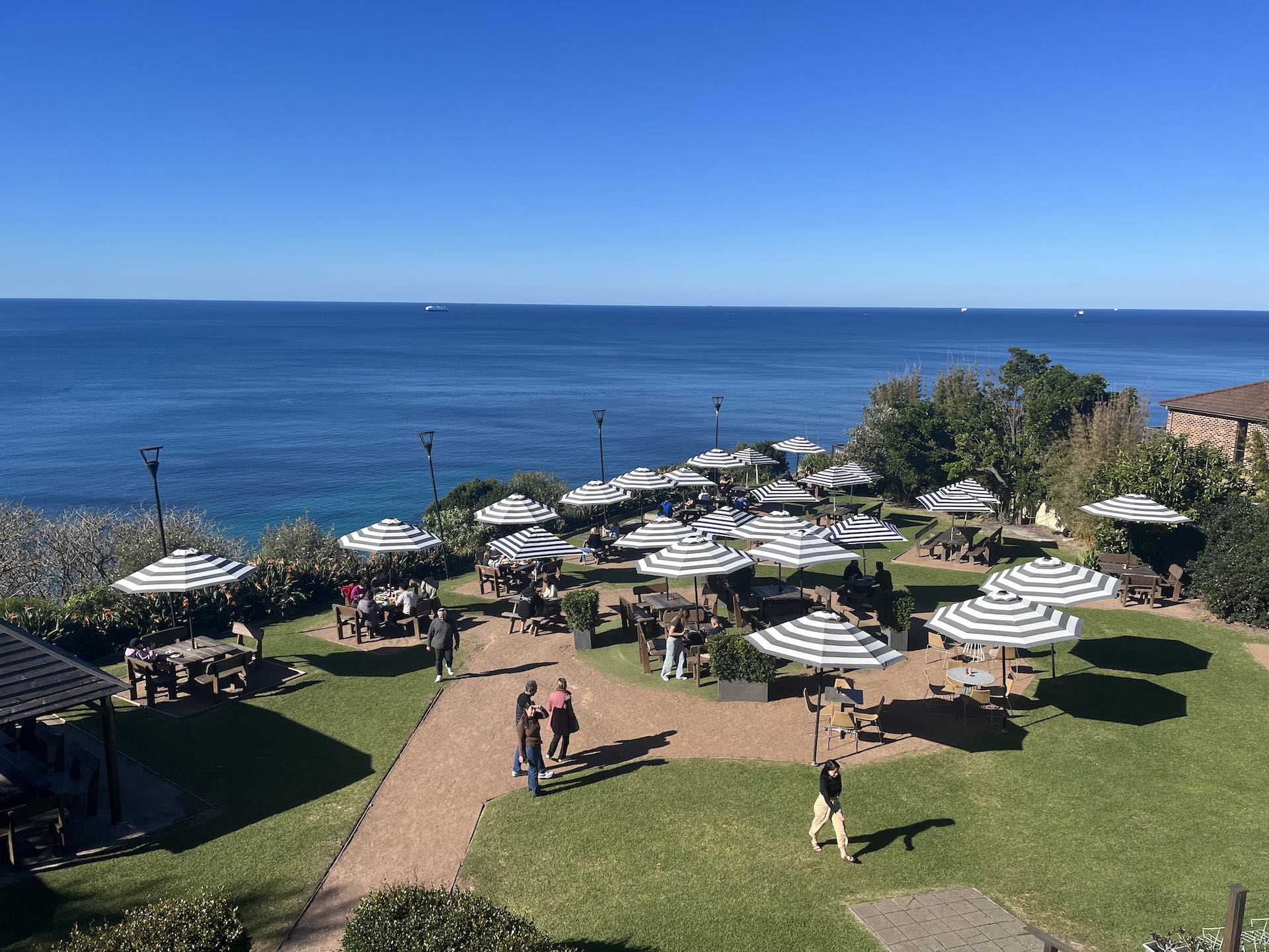 My Pub Crawl Along the Grand Pacific Walk, Steph Lentz, NSW, picnic table, beach umbrellas, ocean view, Scarborough Inn