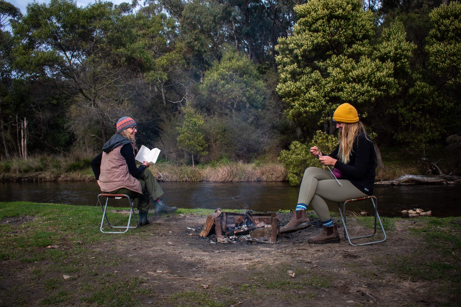 I Swore I'd Never Stay at a Holiday Park Until Now..., Eva Davis-Boermans, Reflections Holiday Park, Wee Jasper, camping, river, mother, daughter, reading, knitting