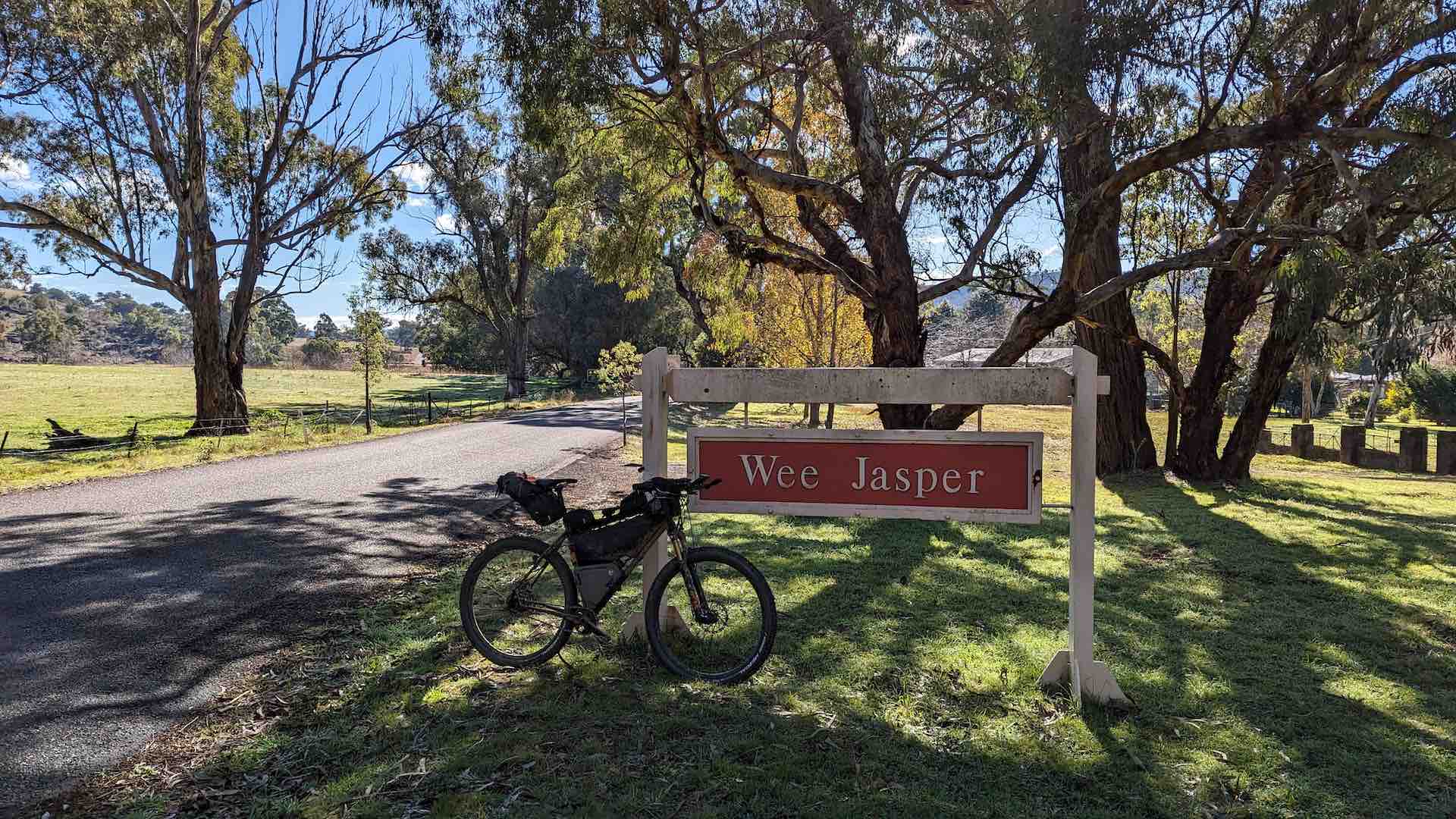 Thirstypacker Threehundo – A Weekend Bikepacking Loop From Canberra, Adam Samuelson, bike, riding, Wee Jasper, town, sign