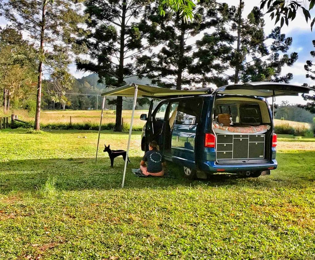How to Road Trip with a Dog, Sarah Pendergrass, kelpie, shade sail, van life, van, Camping, dog friendly, Australia