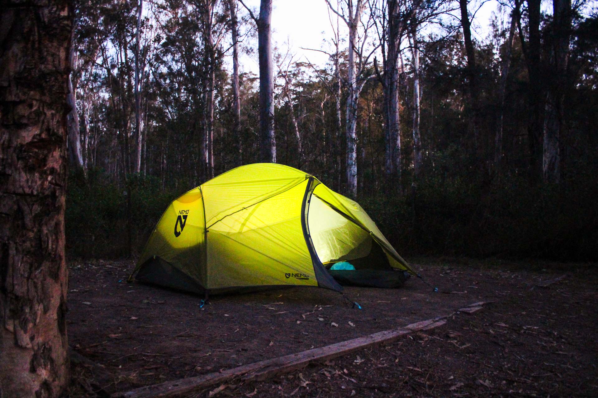 NEMO's OSMO Fabric: Learn to Love the Rain and Save the Planet, NEMO Dragonfly OSMO 2P tent, photos by James Tugwell, camping, tent, light on in tent