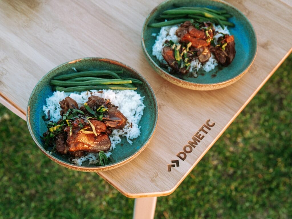 How To Make Braised Pork Belly With Rice – Camping Recipe, Lipei Teoh, Dometic, food, dinner, camp table, meal