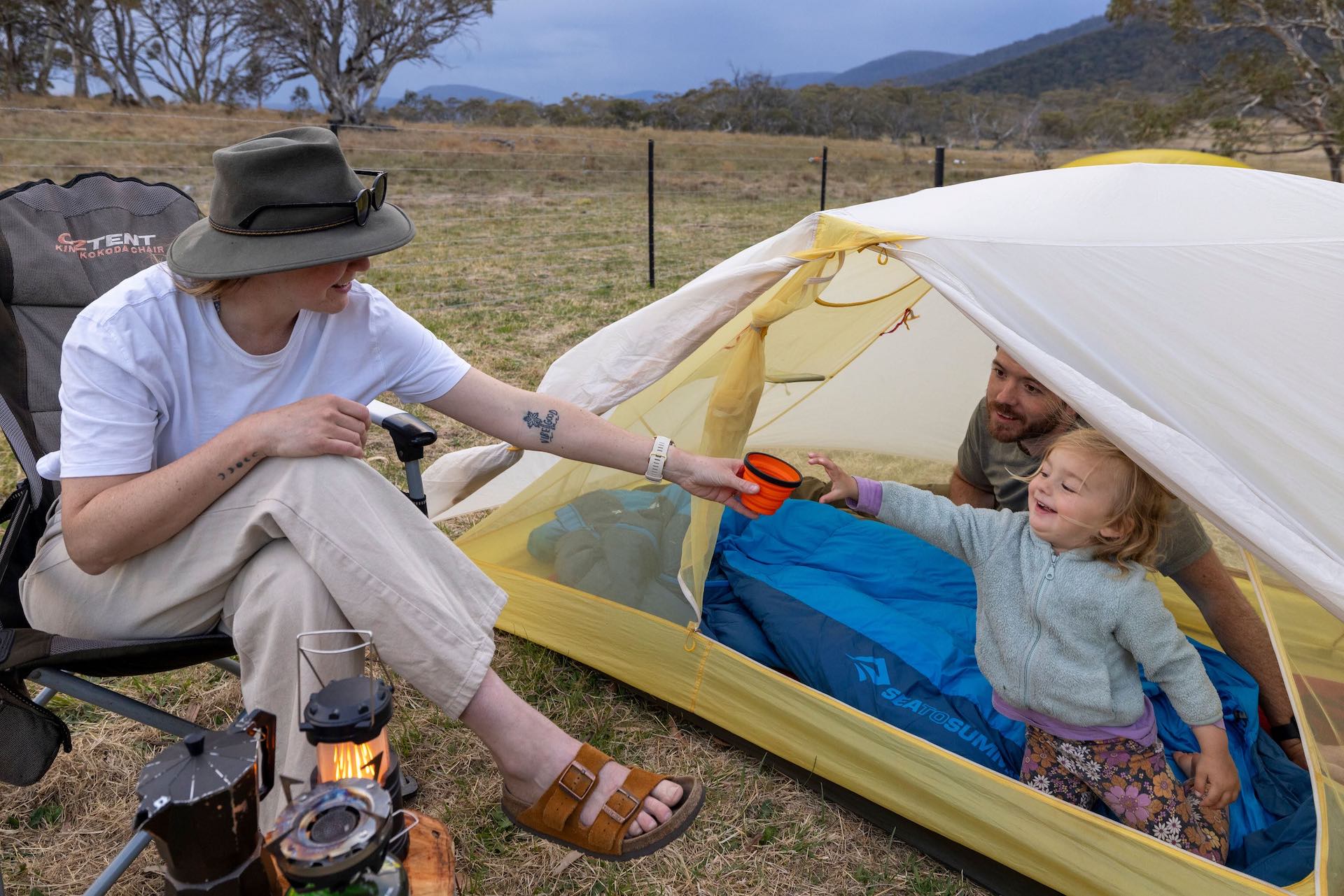 Snooze to Summit: What You Actually Need for a Quality Night’s Sleep in The Bush, photo by @expedimage, Sea to Summit, sleep system, camping, sleeping bag, coffee, couple, happy, smile, family