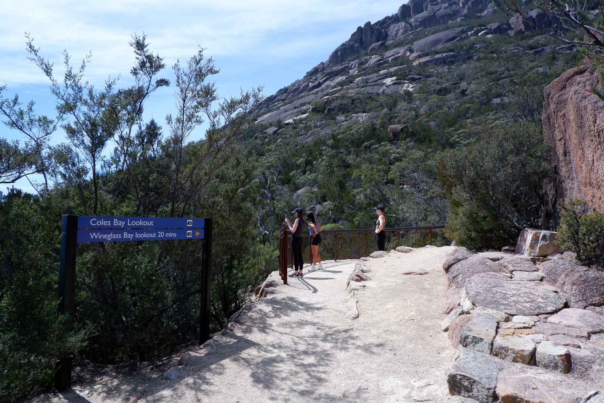 Wineglass Bay Walk – A Glorious Panoramic Trail Through Freycinet National Park, tasmania, freycinet, alltrails, hikers near a sign at the coles bay lookout on their way to wineglass bay